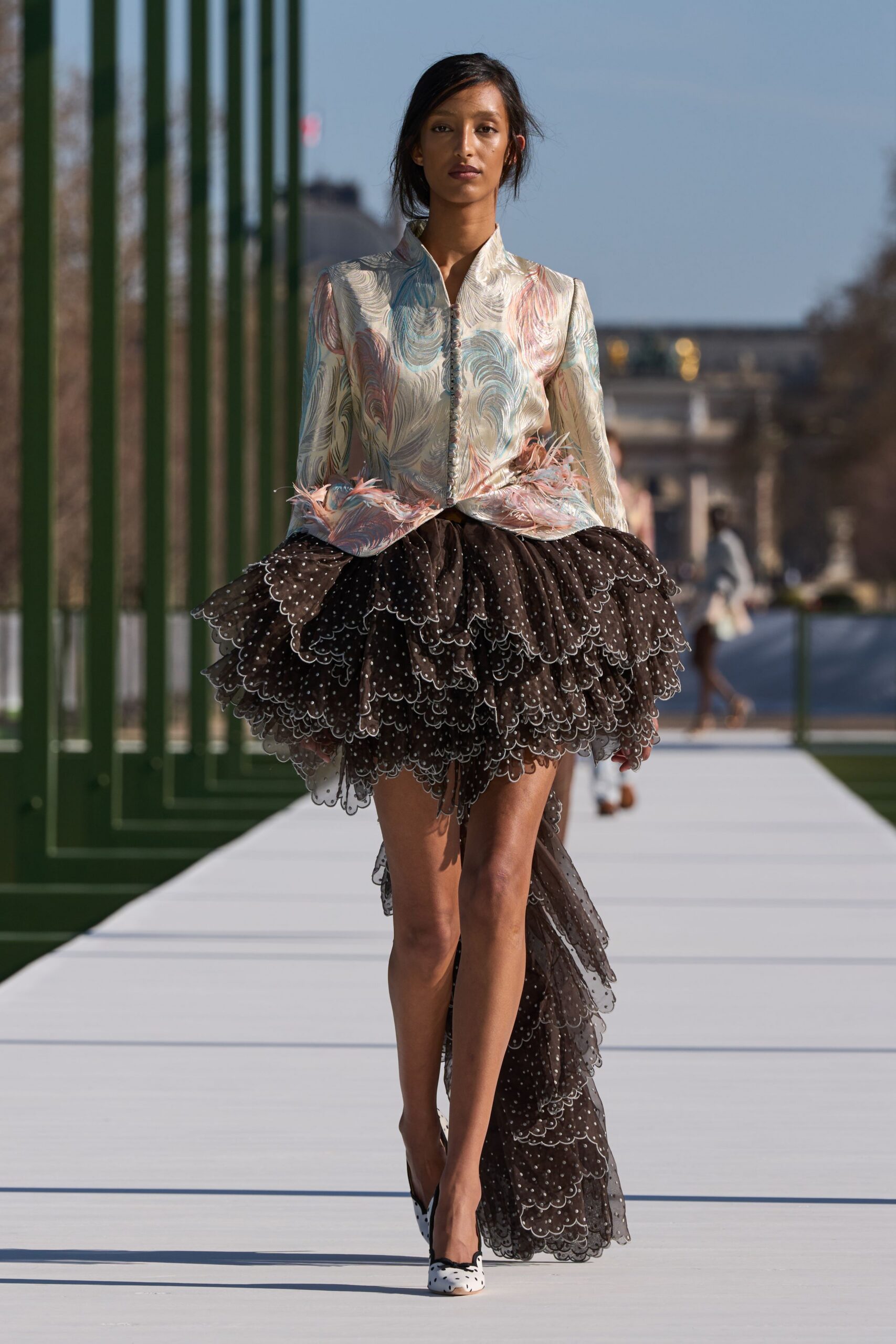 multi silk long-sleeve collared fitted draped shiny jacket
