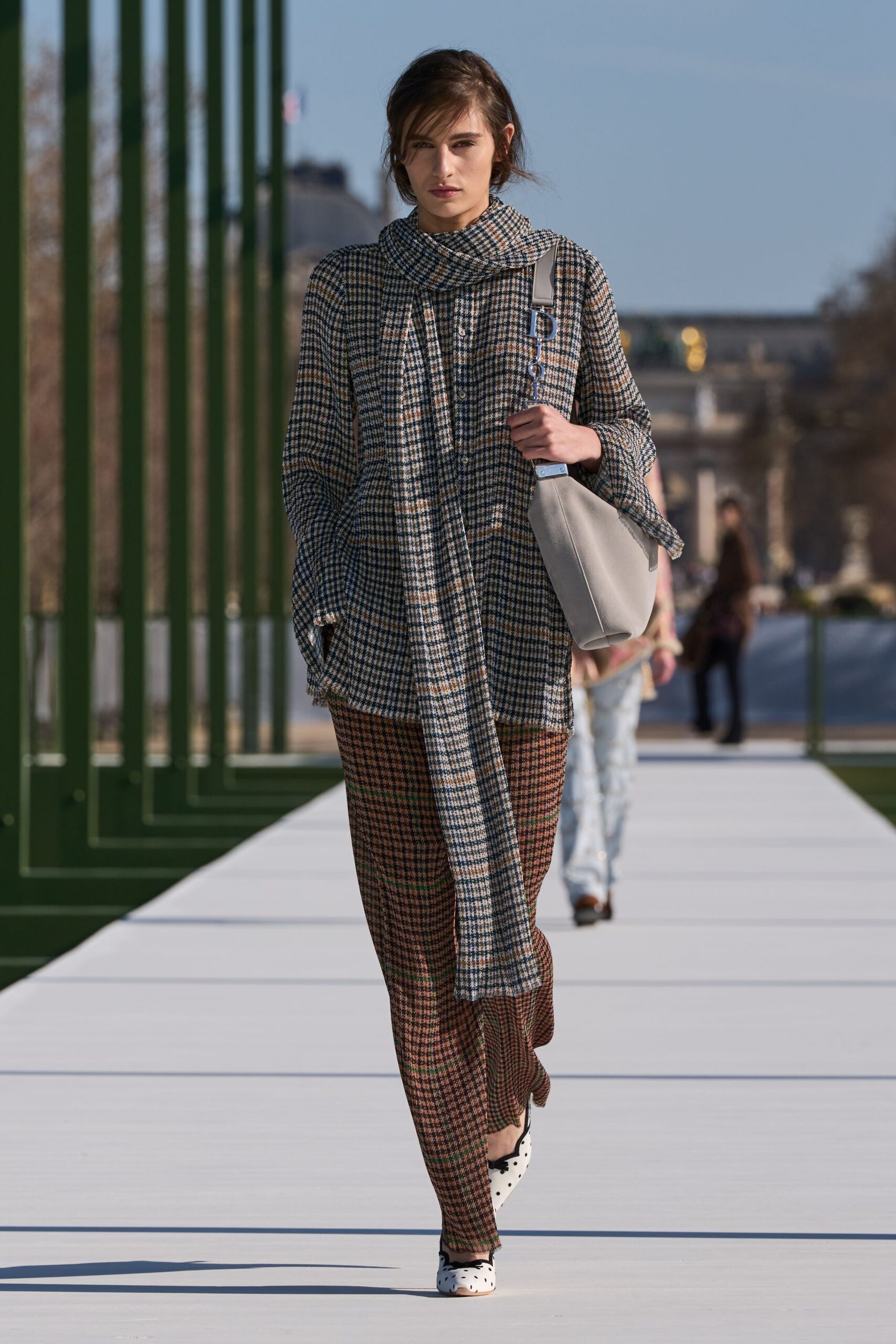 brown cotton slim checked pants