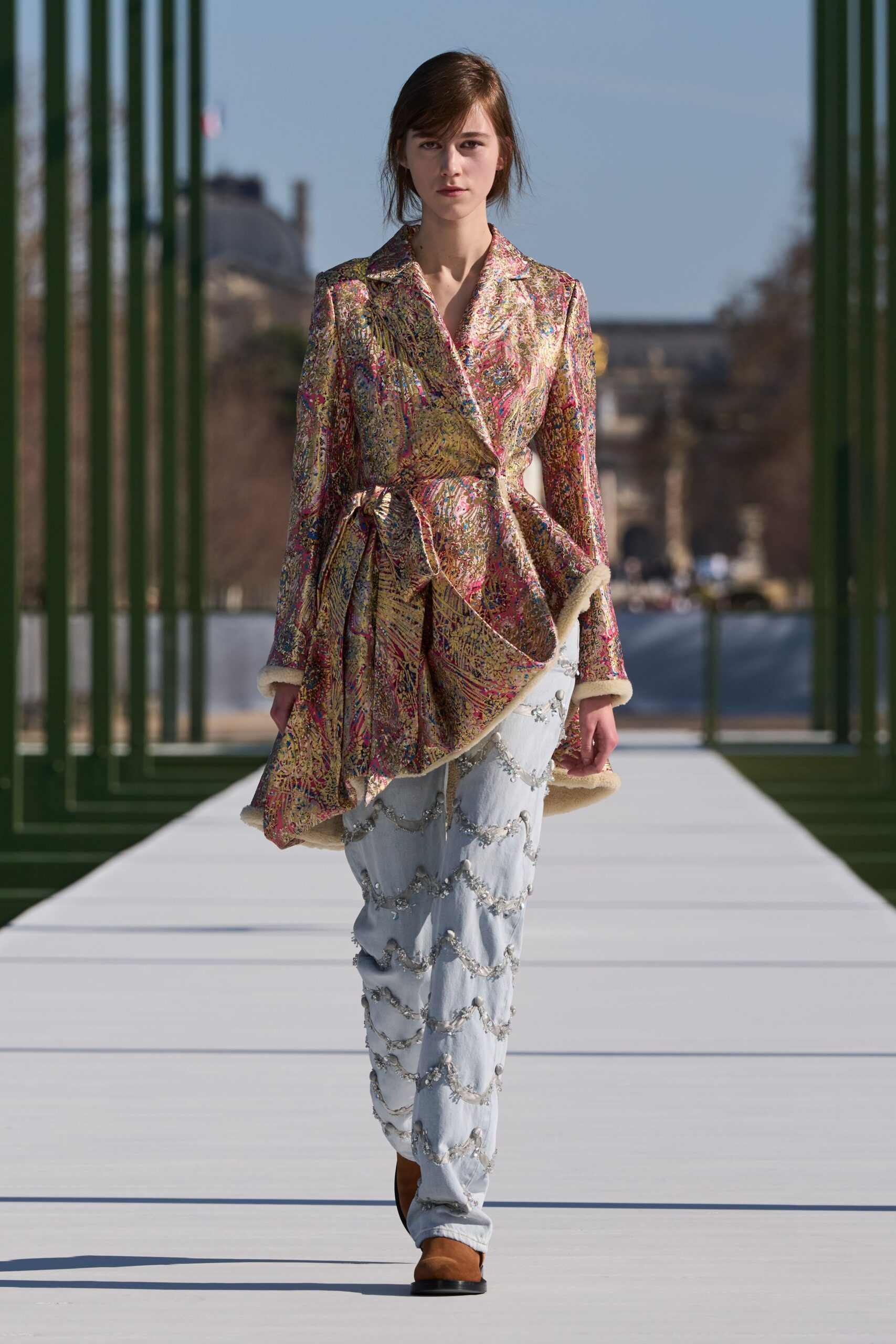 gold silk long-sleeve collared fitted draped embroidered jacket