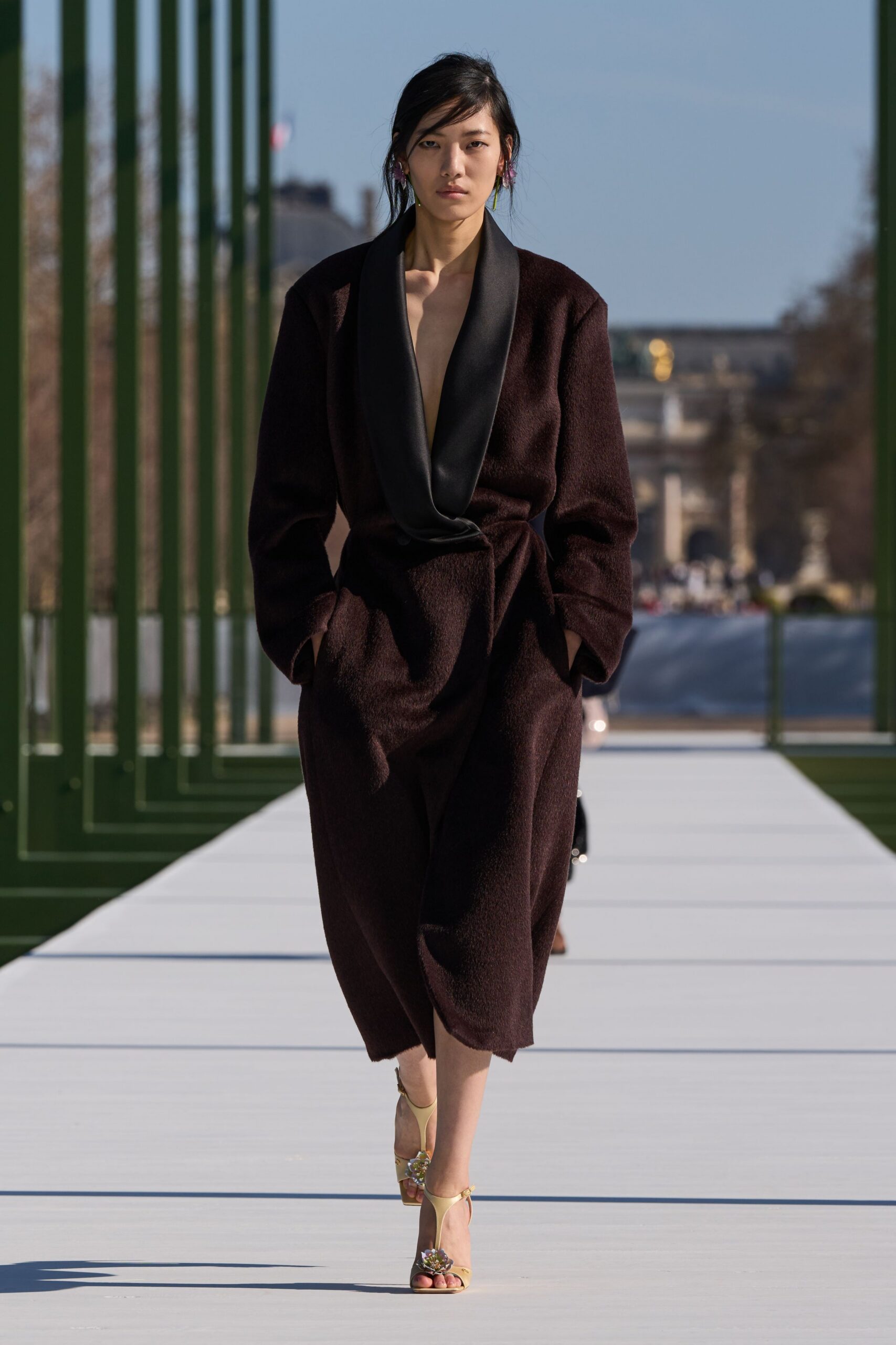 brown wool long-sleeve v-neck relaxed belted midi coat