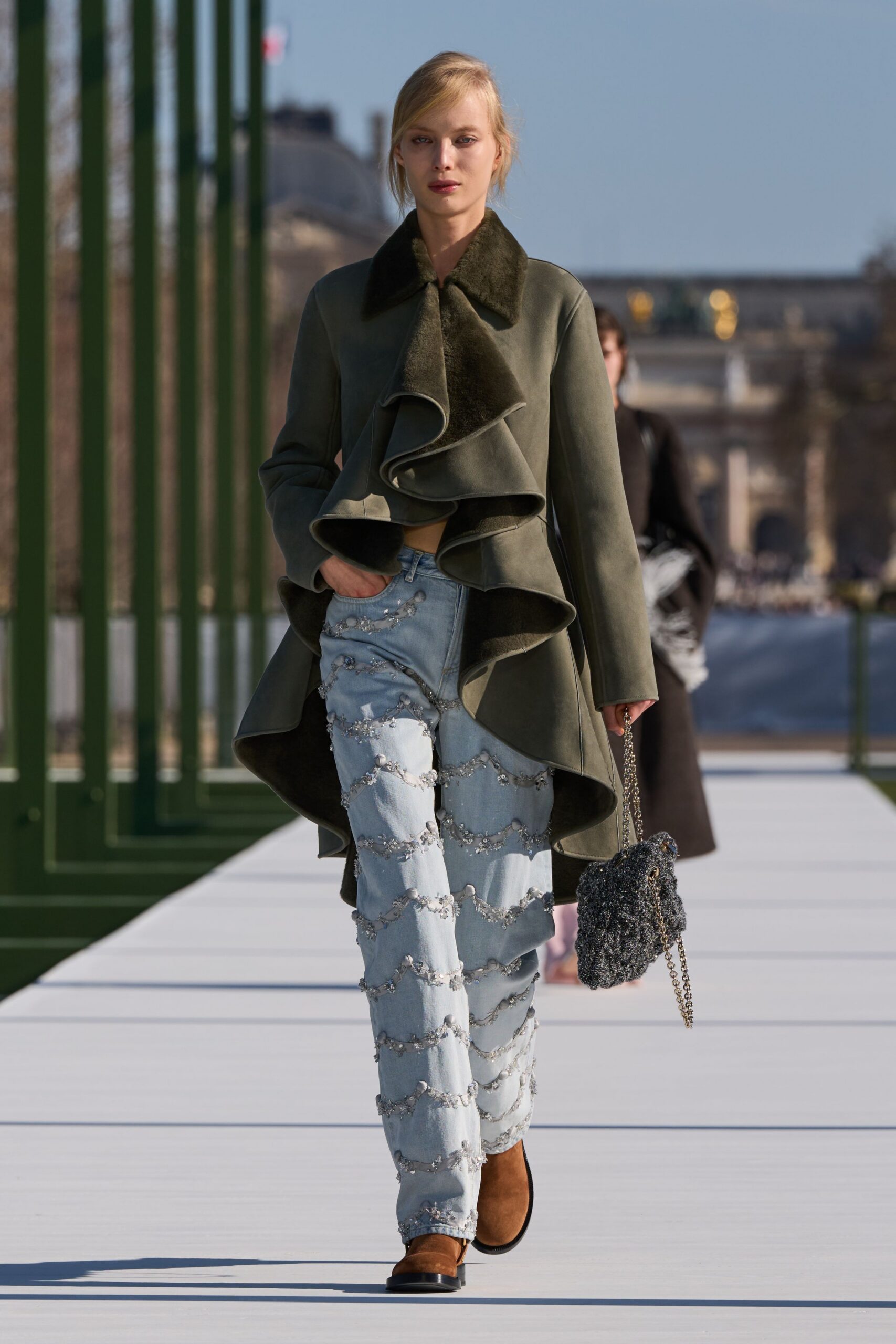 green suede long-sleeve collared relaxed ruffled coat