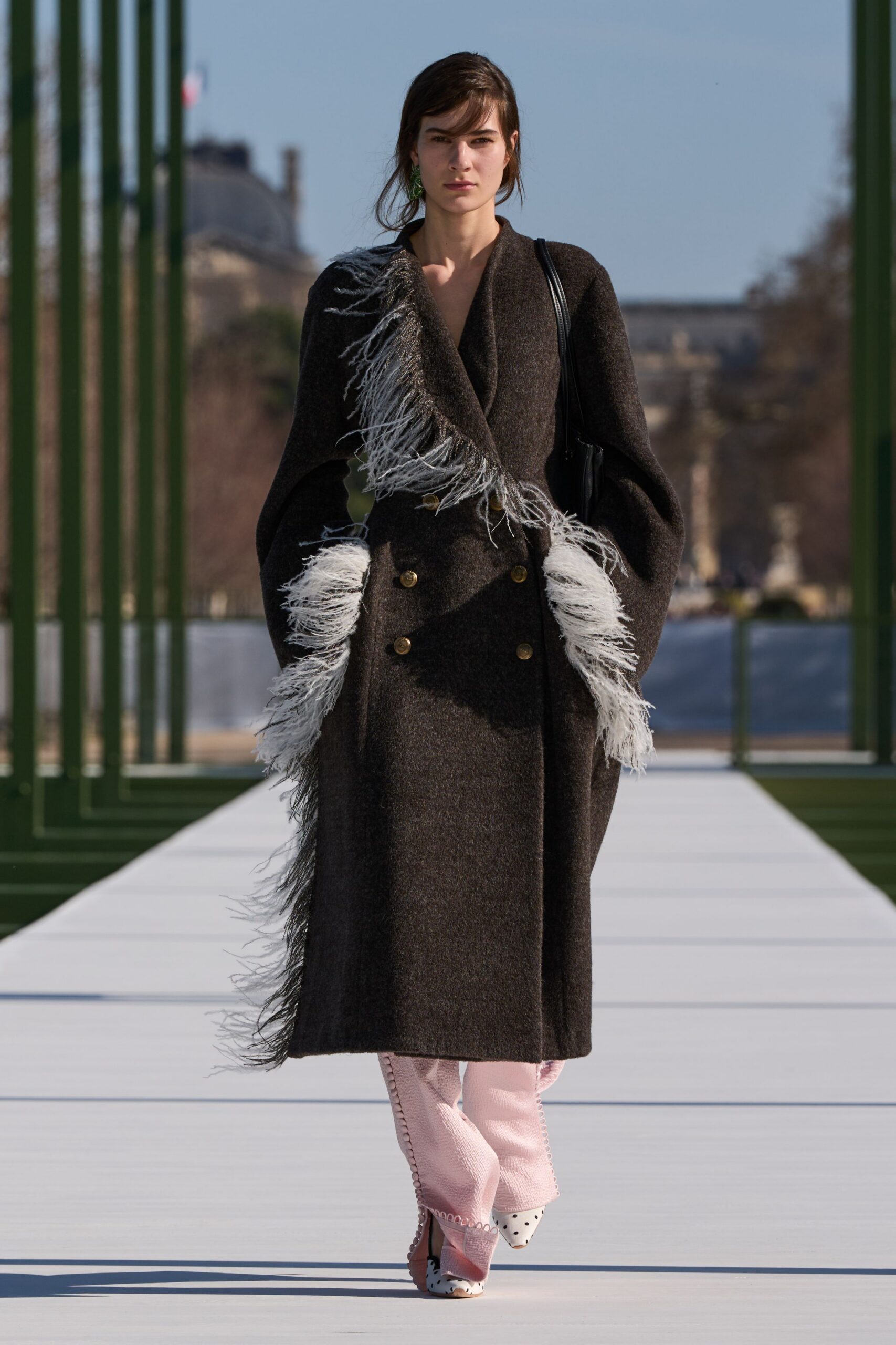 brown wool long-sleeve collared relaxed fringed maxi coat
