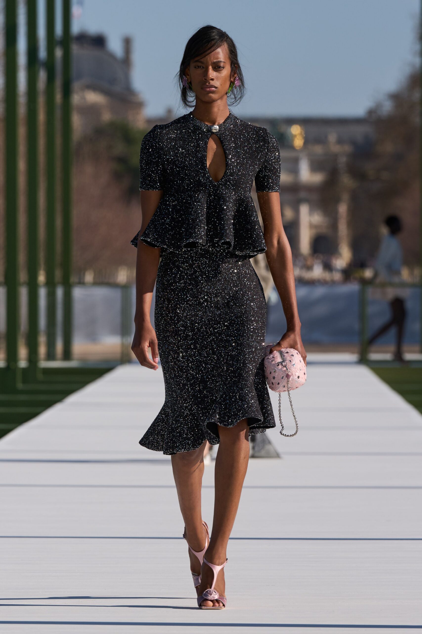 black silk short-sleeve fitted ruffled flared shiny dress