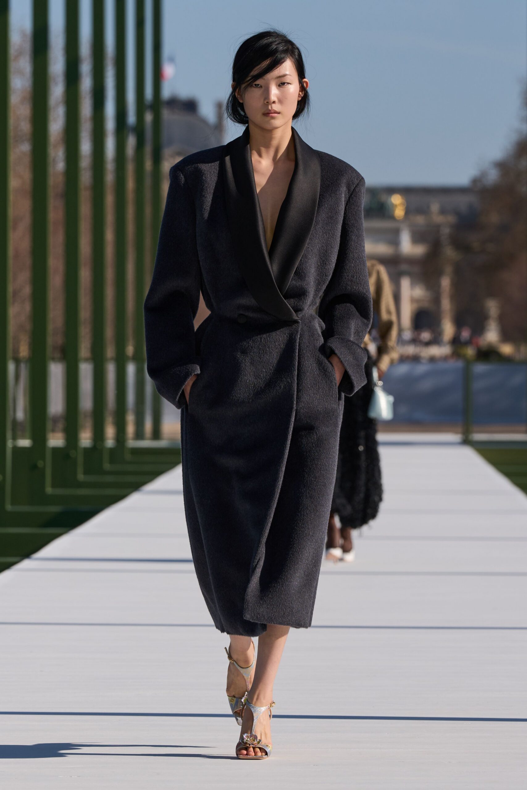 black wool long-sleeve collared relaxed belted midi coat