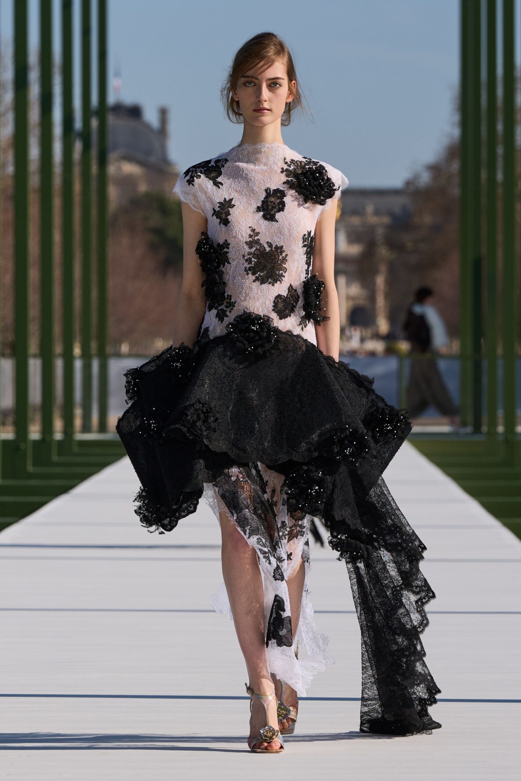black lace short-sleeve high-neck fitted flared embroidered dress