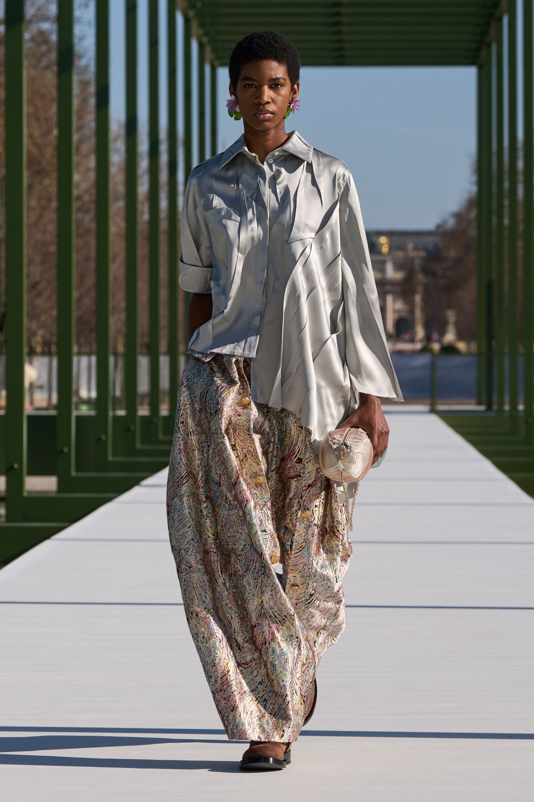 gray silk long-sleeve collared relaxed draped shirt