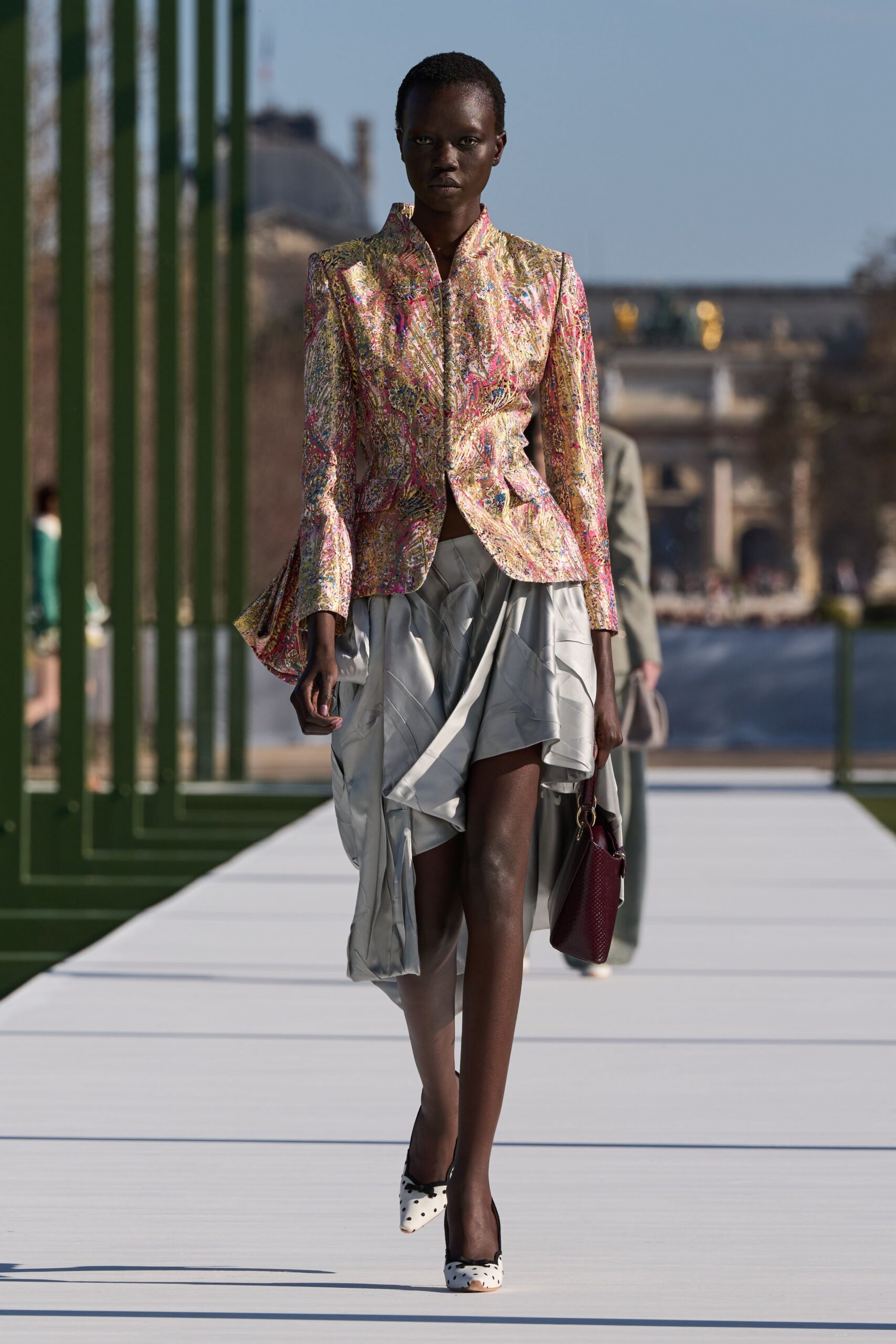 multi silk long-sleeve collared structured embroidered blazer