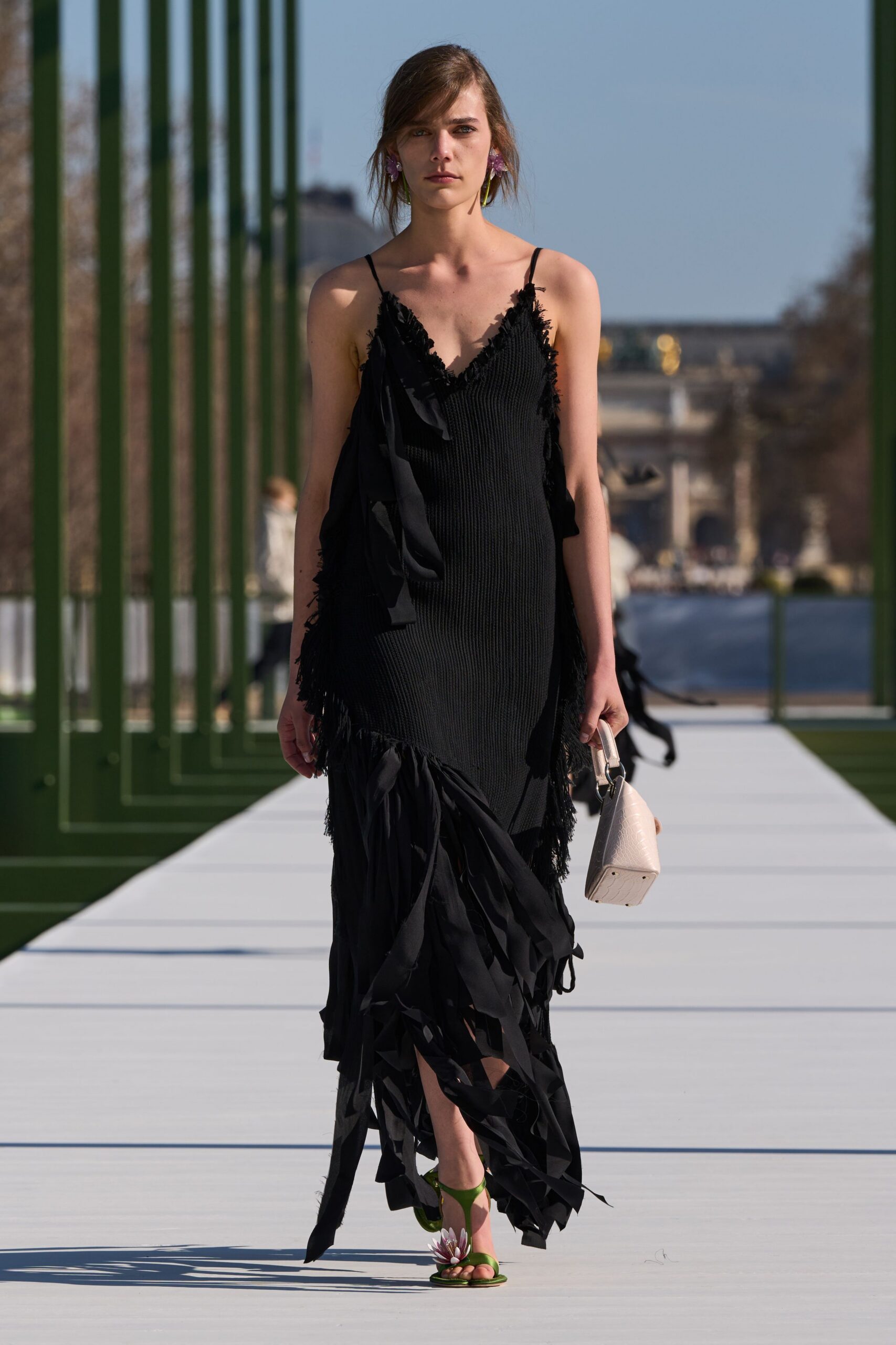 black silk sleeveless v-neck fitted ruffled draped dress