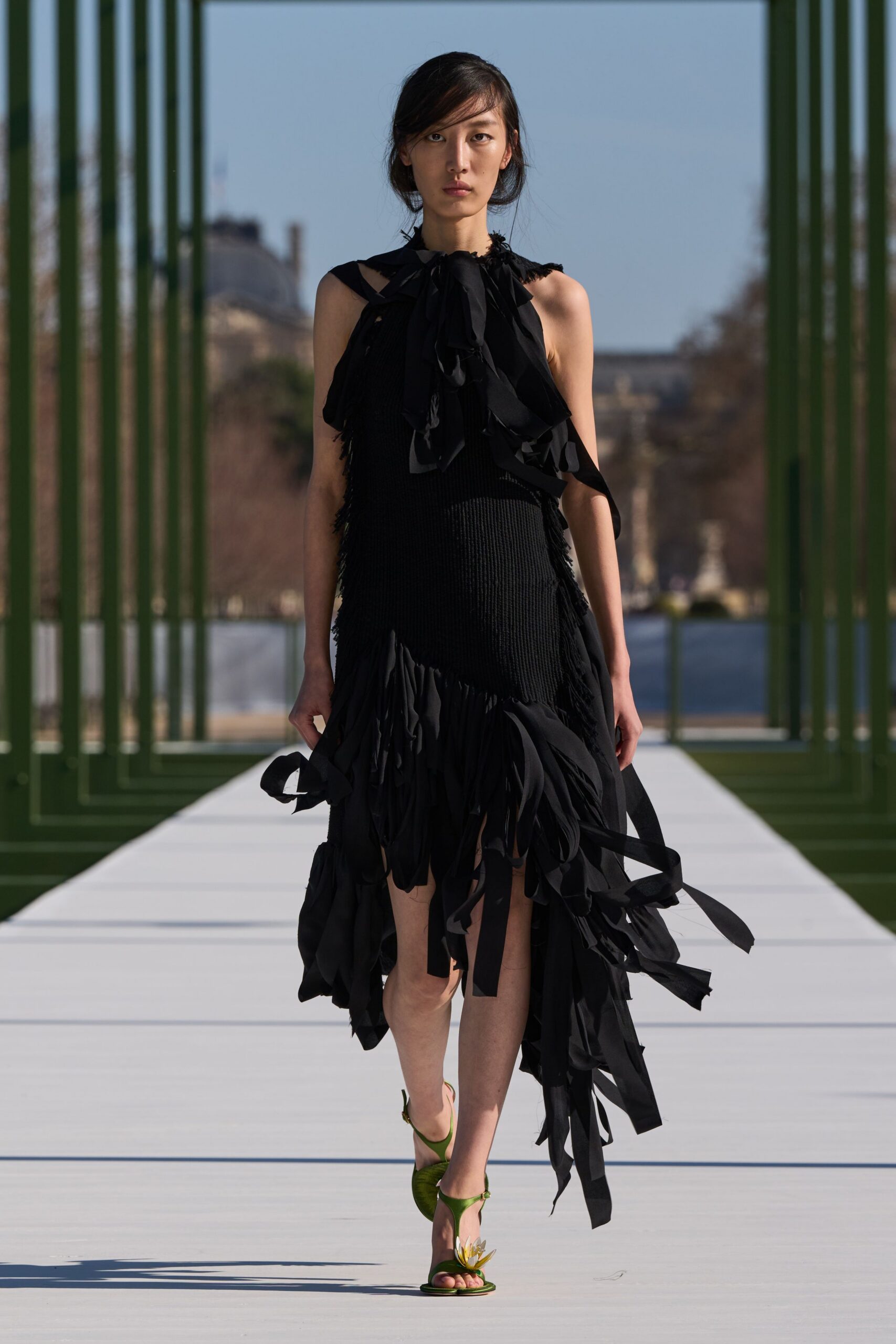 black cotton sleeveless v-neck fitted ruffled layered dress