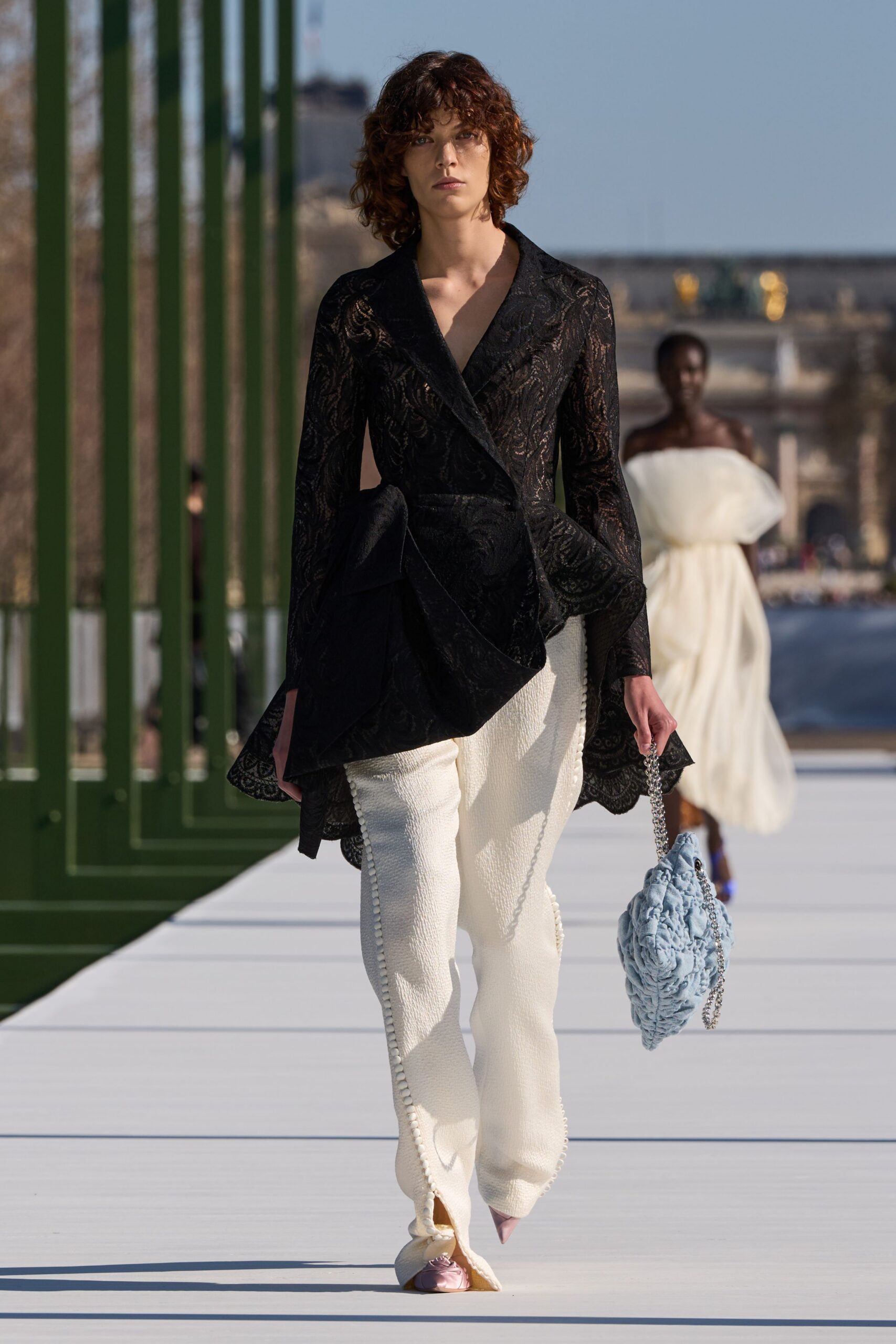 black lace long-sleeve collared fitted draped jacket