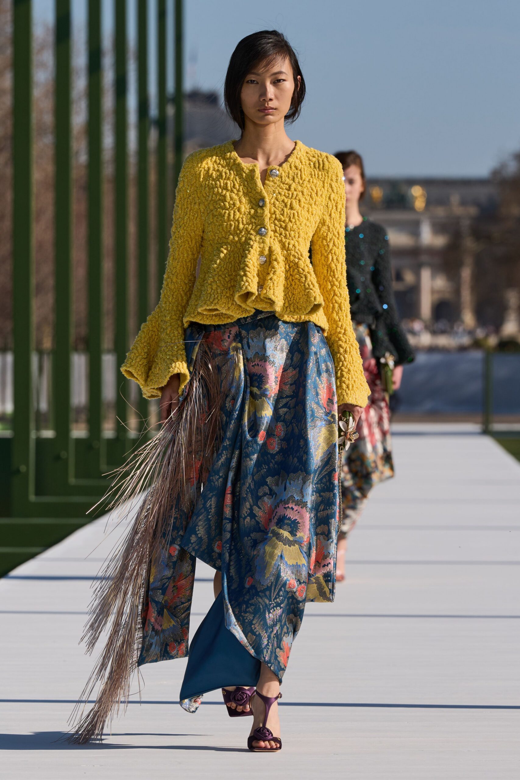 blue silk asymmetric fitted flared skirt