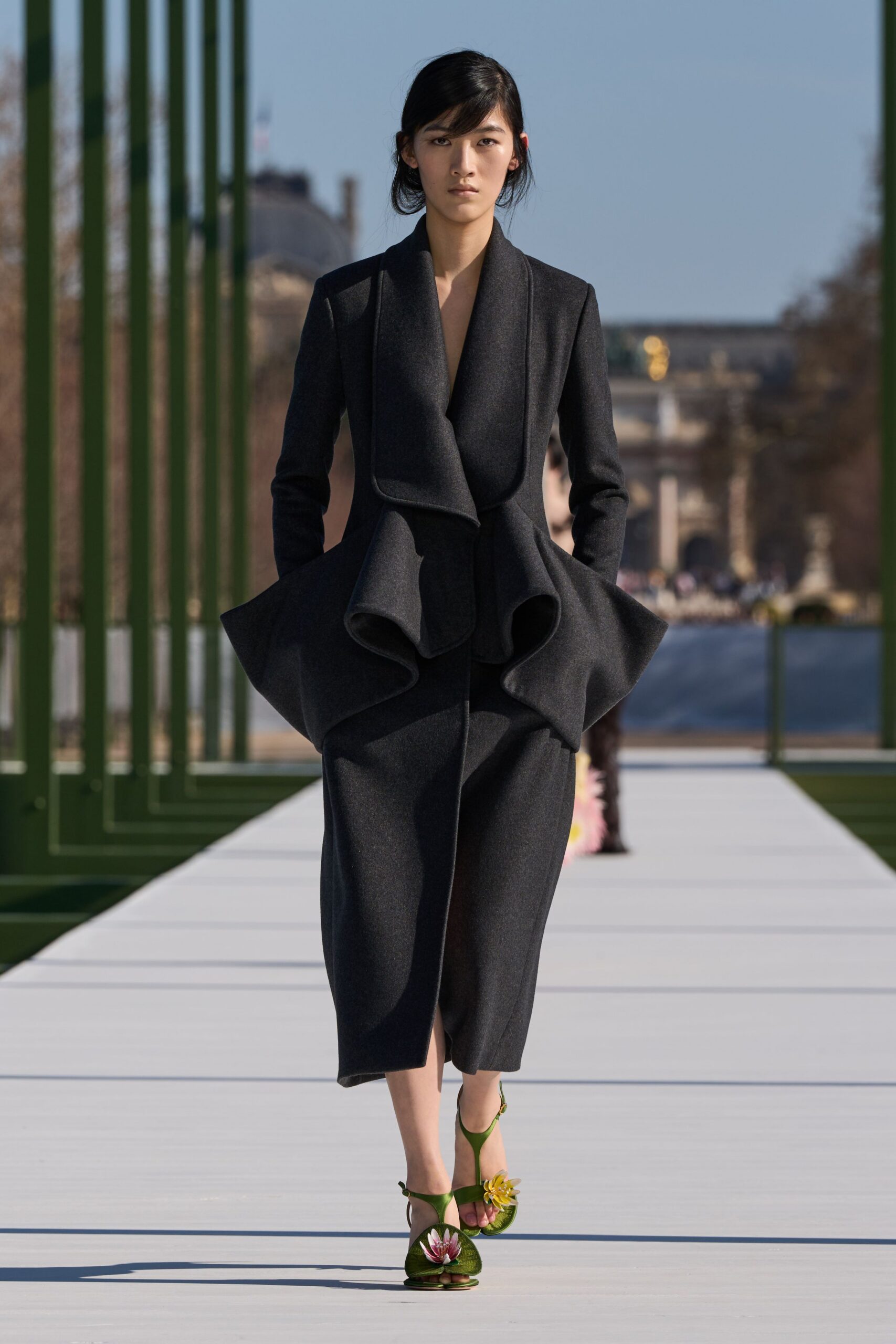 black wool long-sleeve collared fitted draped layered coat
