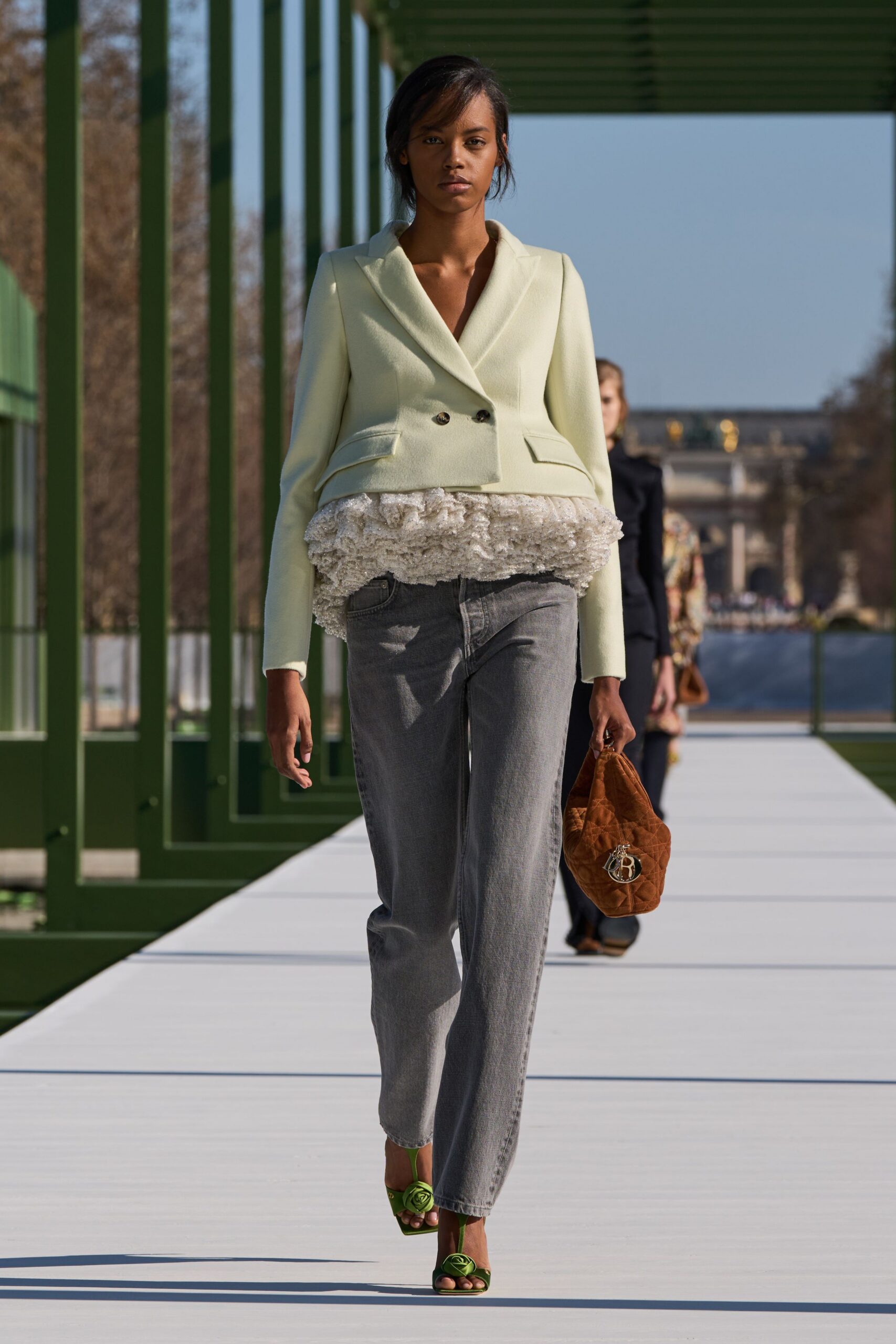 green cotton long-sleeve collared structured buttoned blazer