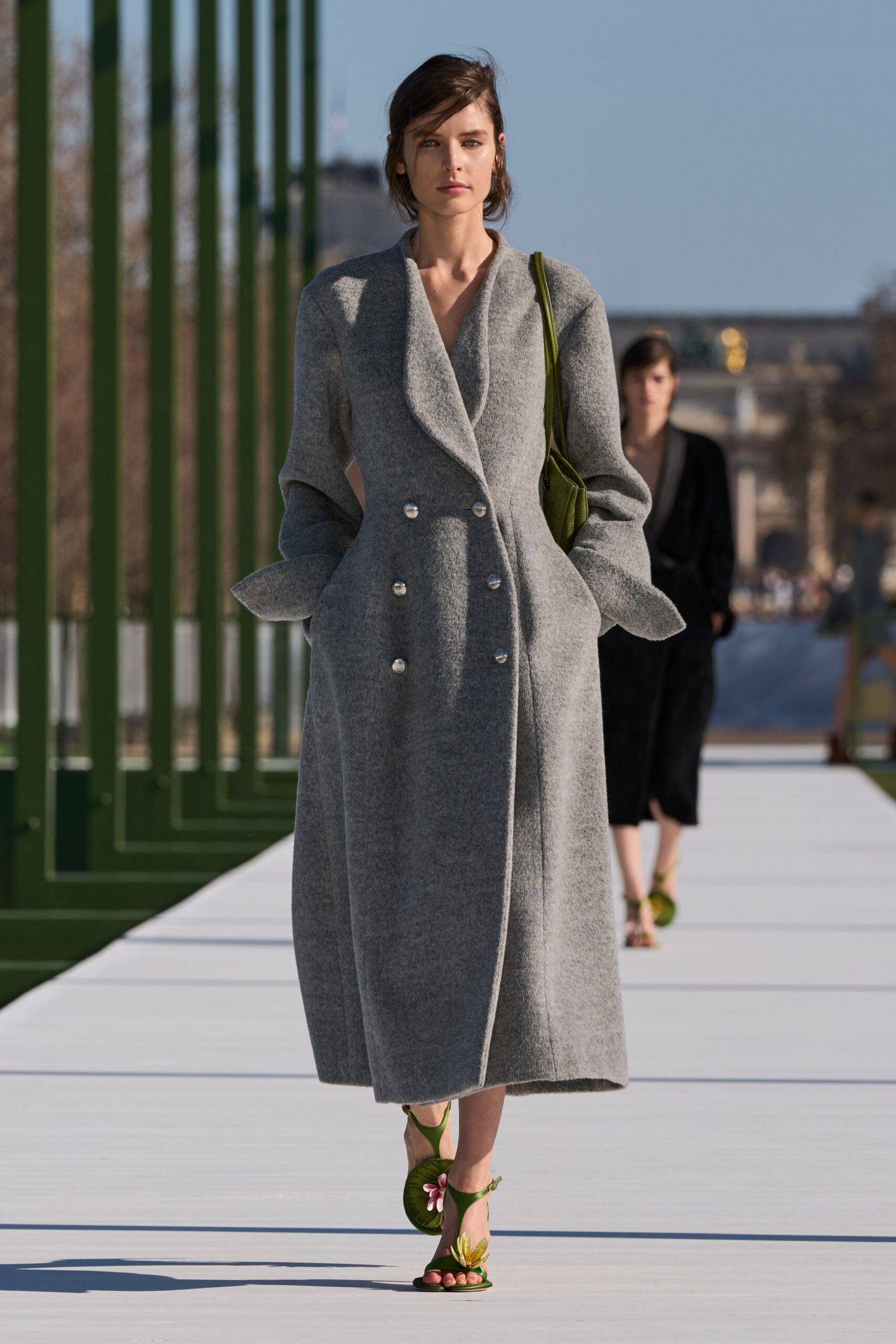 gray wool long-sleeve collared relaxed pockets maxi coat