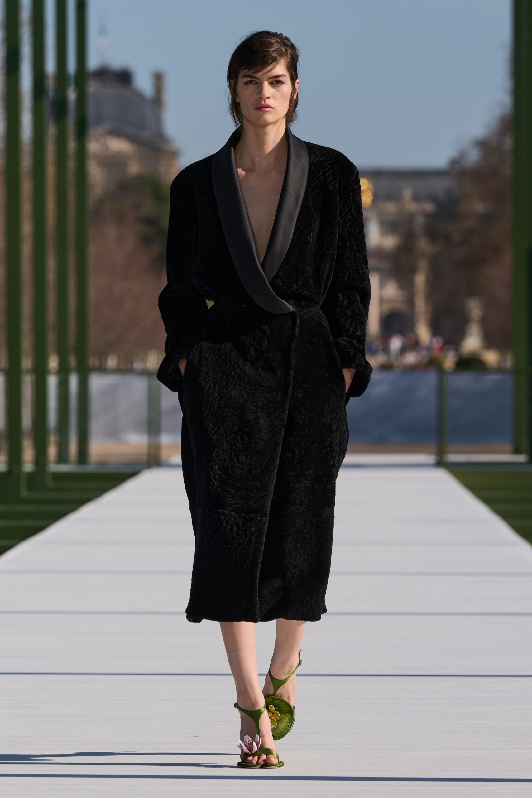 black fur long-sleeve v-neck relaxed belted midi coat