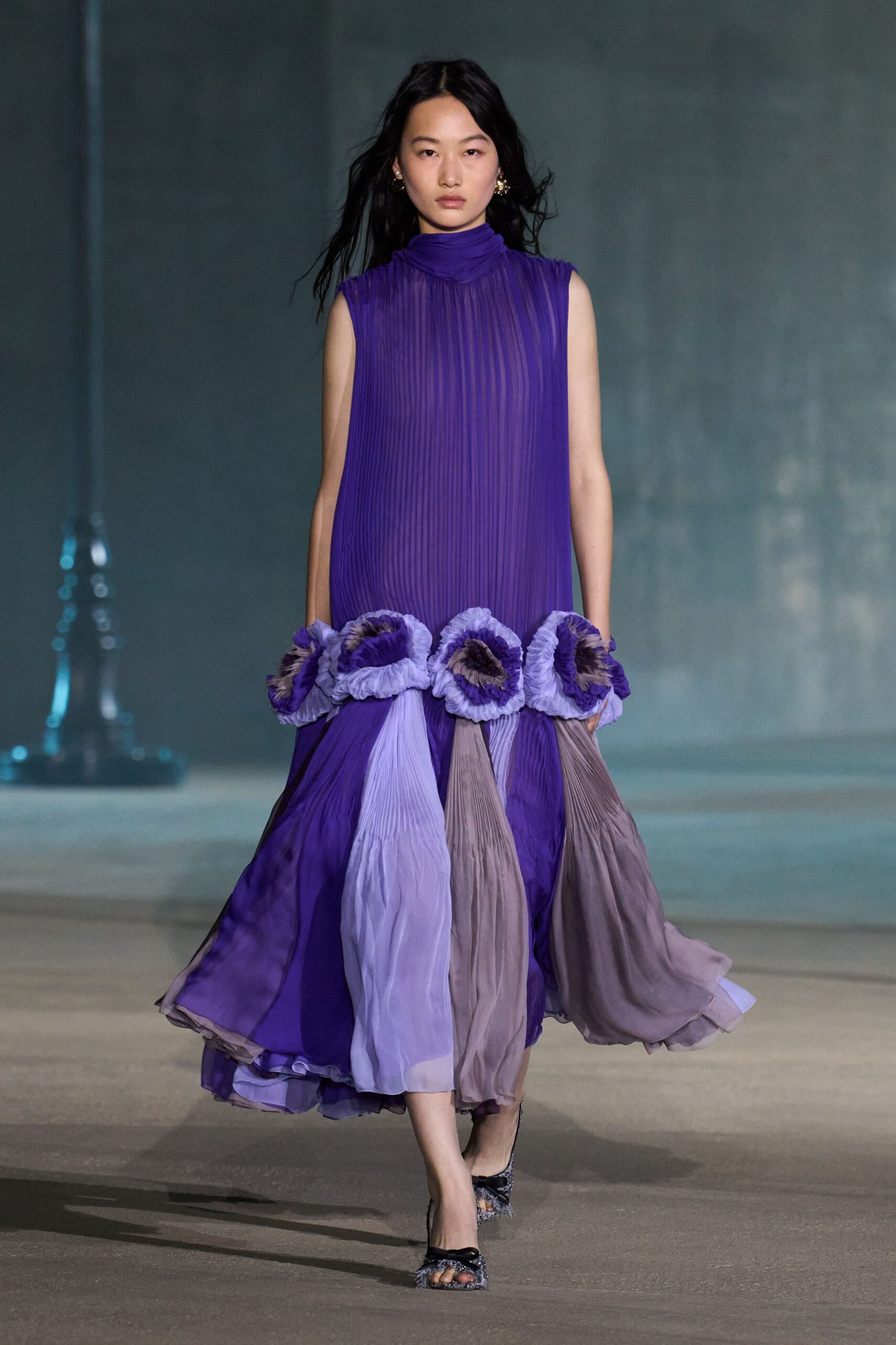 purple silk sleeveless high-neck relaxed pleated tiered dress