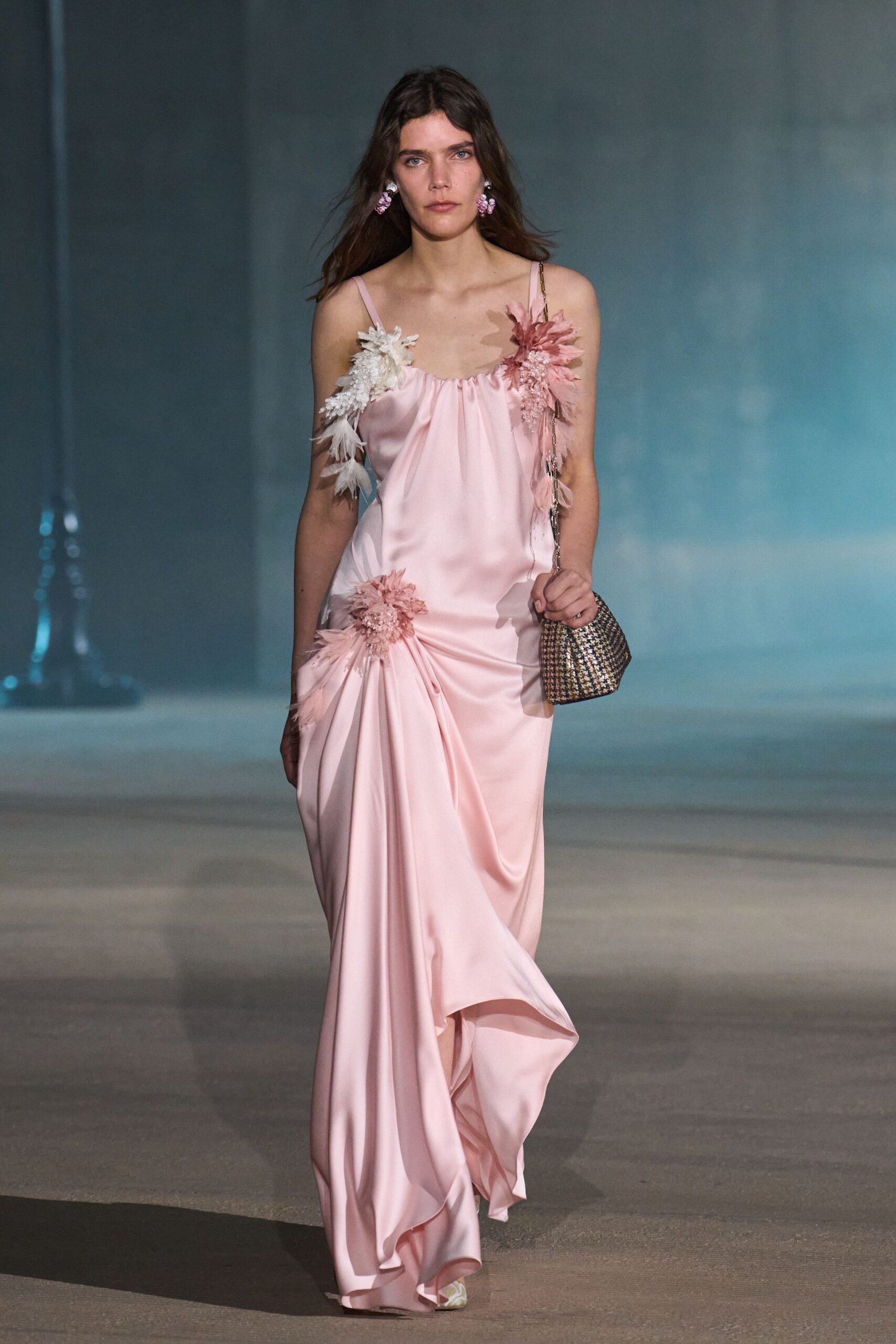 pink silk sleeveless v-neck fitted draped embellished gown