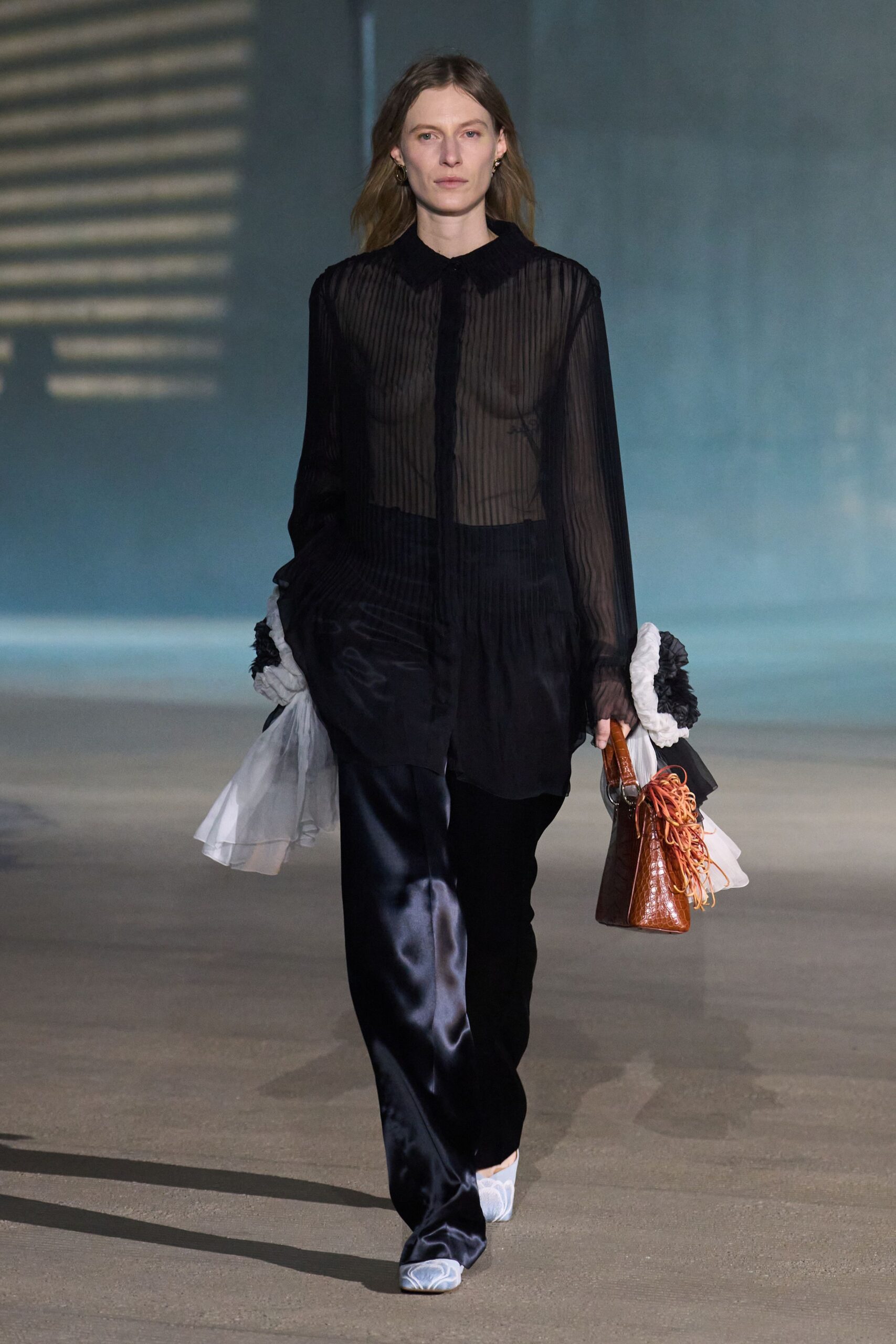 black silk long-sleeve collared relaxed pleated sheer shirt