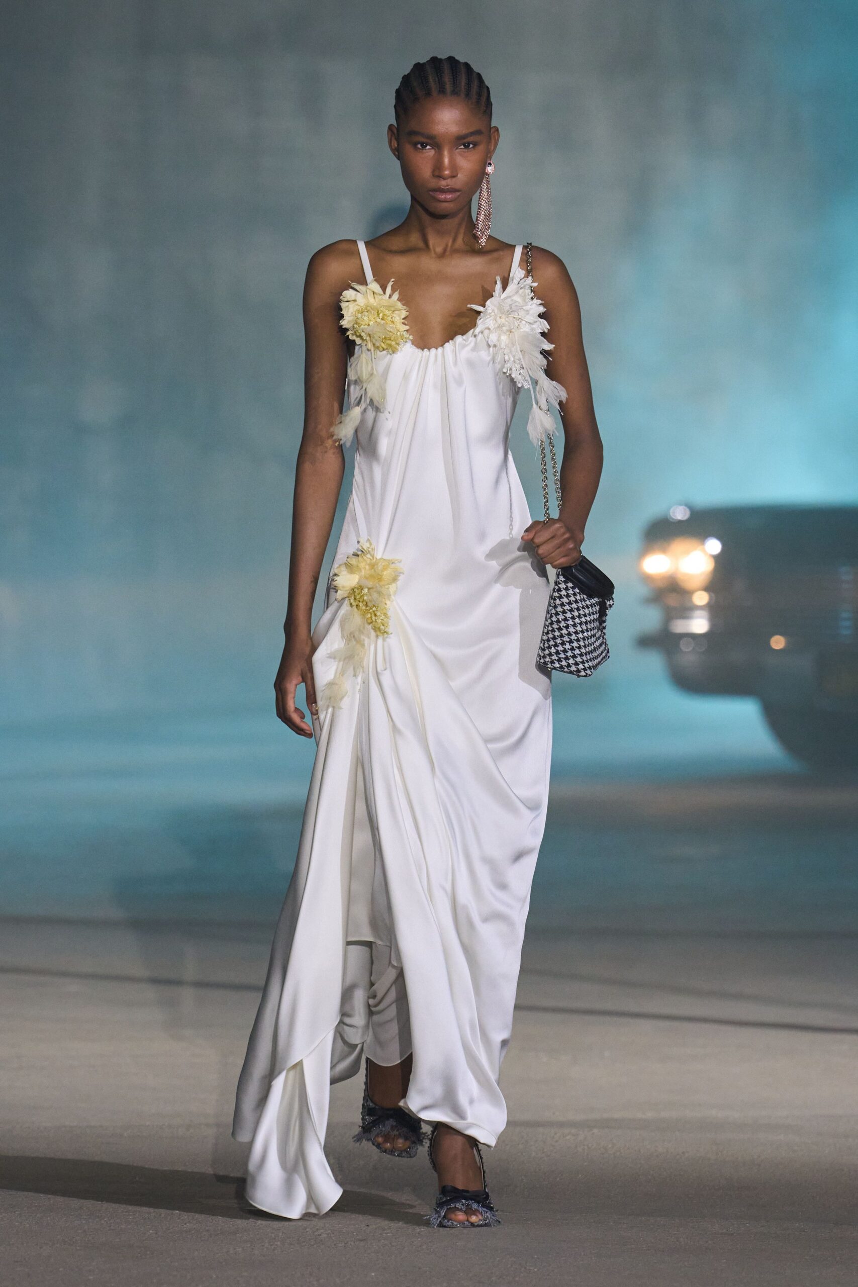 white silk sleeveless v-neck fitted draped embellished dress