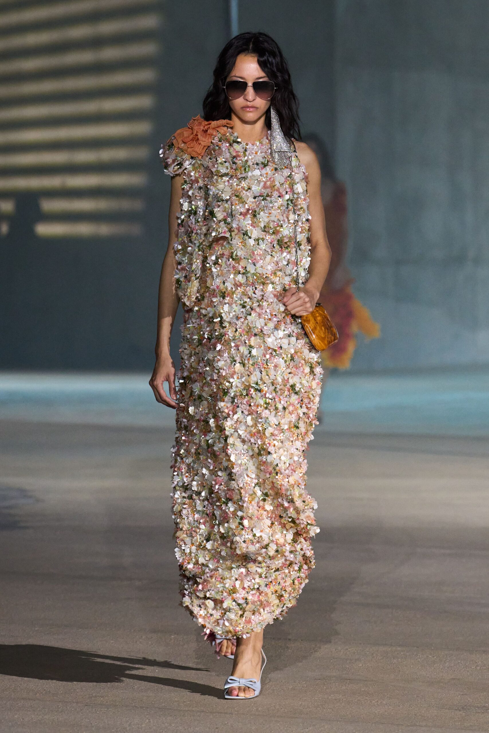 pink silk sleeveless high-neck fitted floral layered dress