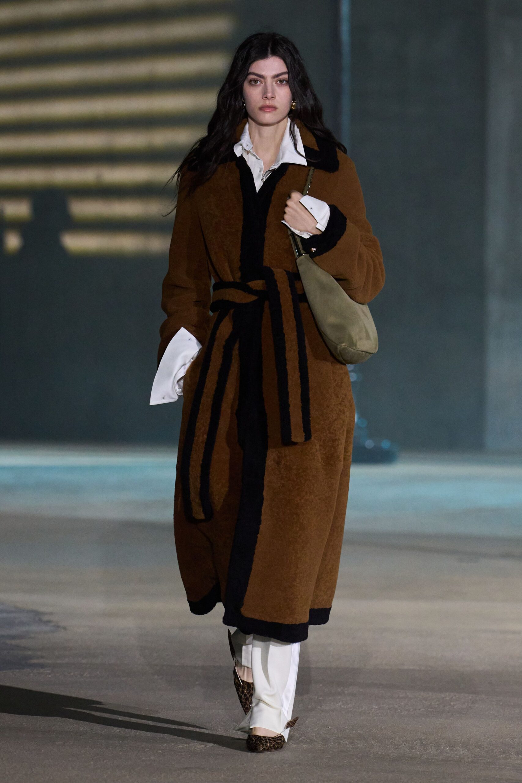 brown faux-fur long-sleeve collared relaxed belted coat