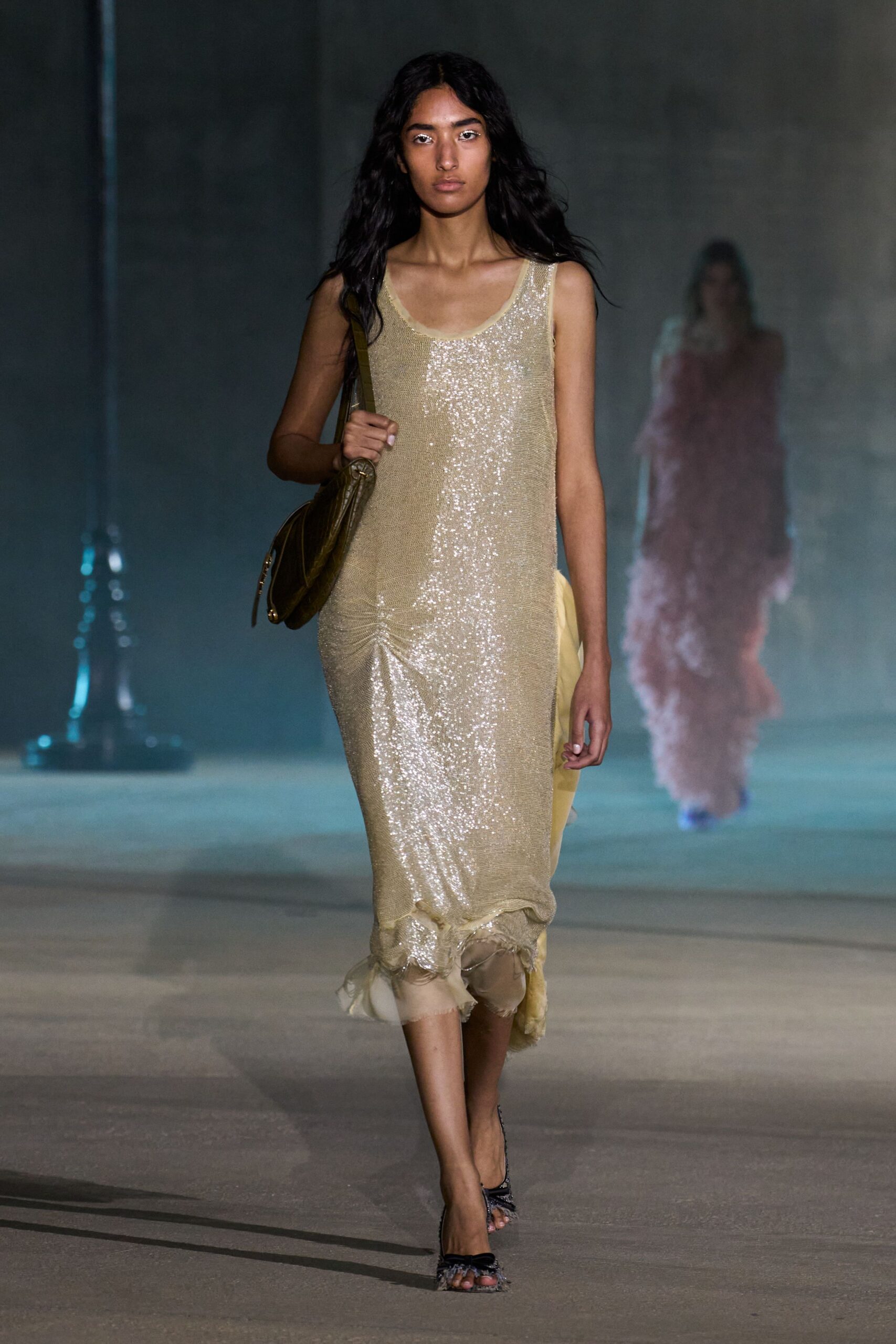 gold sequin sleeveless v-neck fitted ruched shiny dress