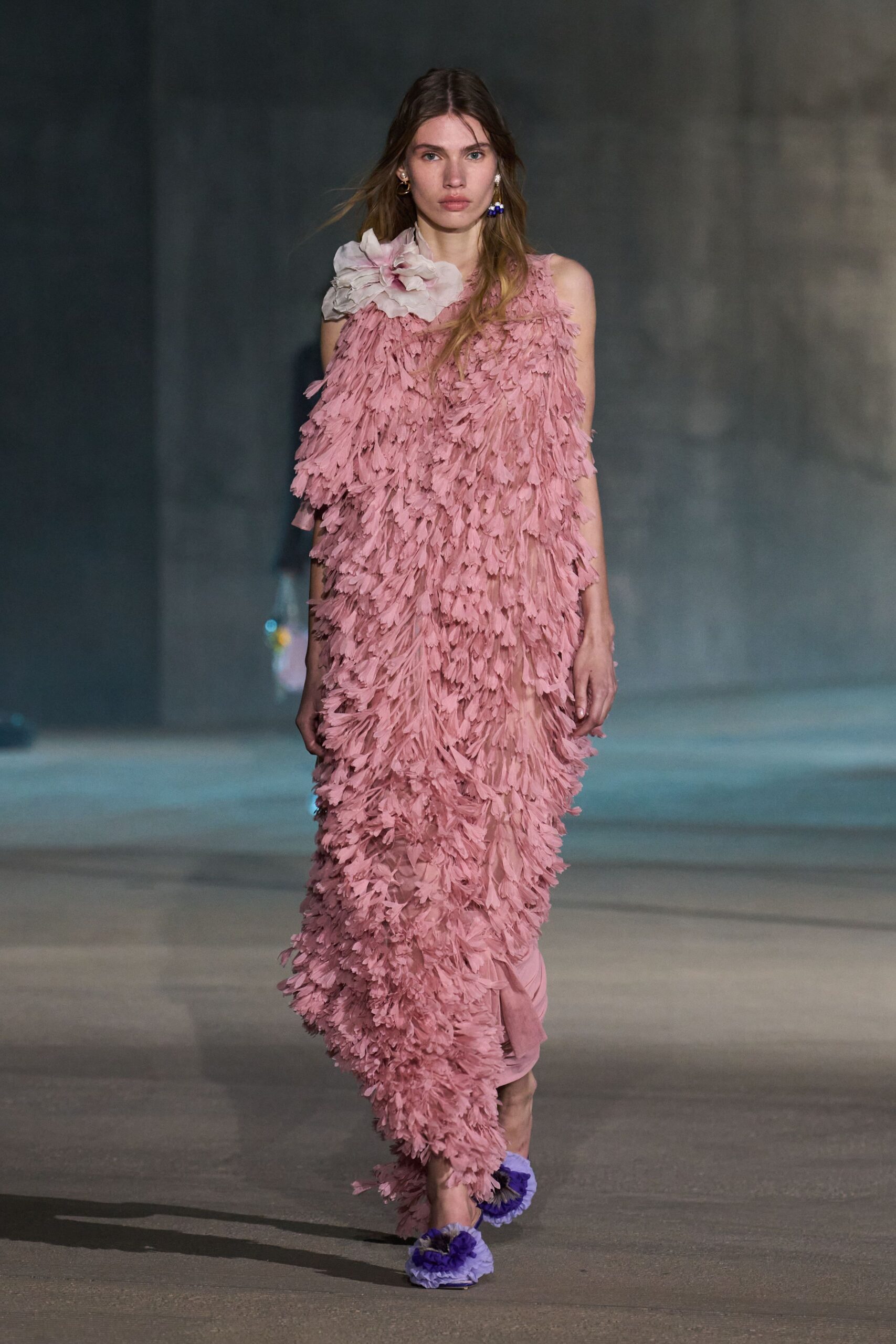 pink silk sleeveless relaxed ruffled maxi gown