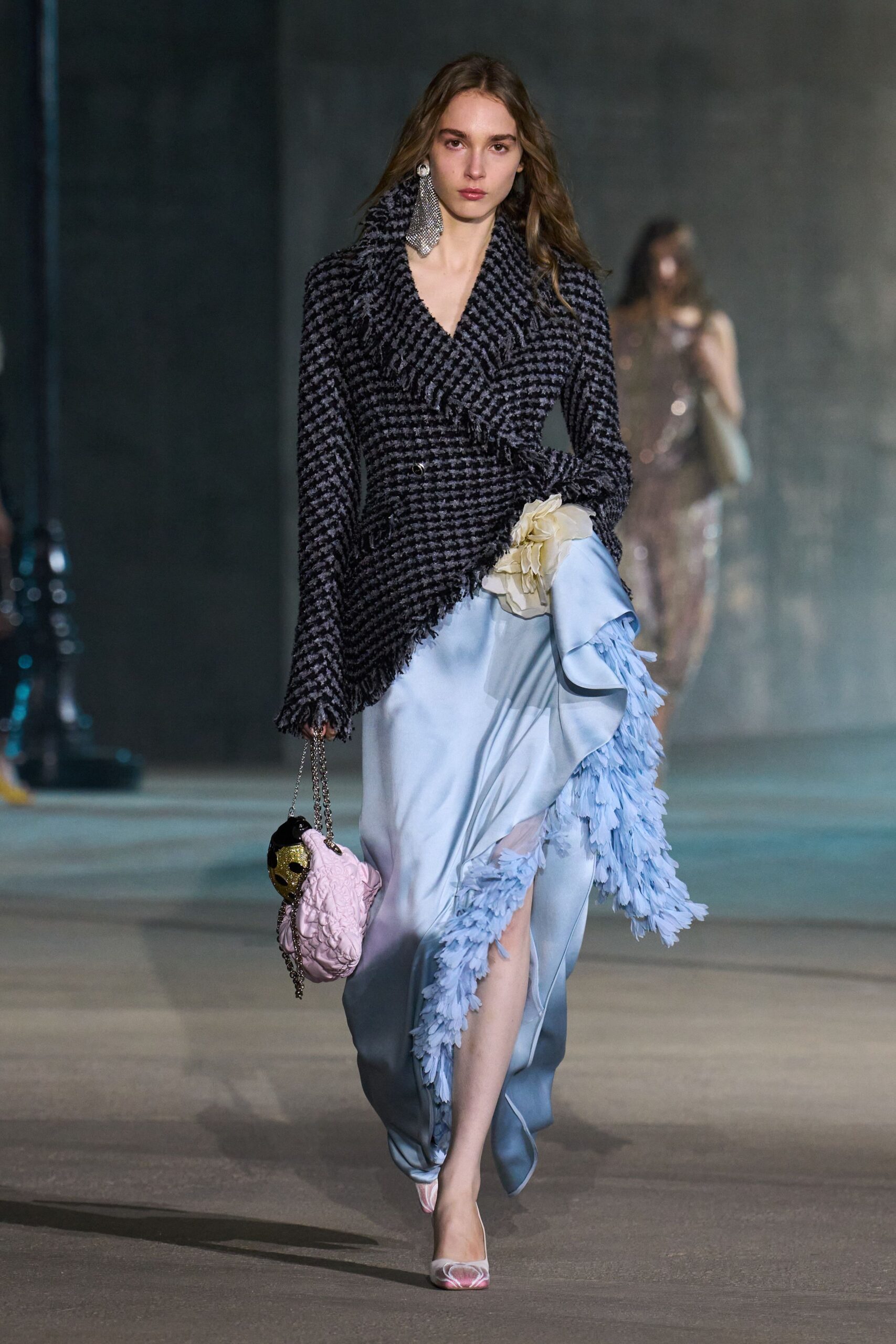 blue silk asymmetric fitted ruffled skirt