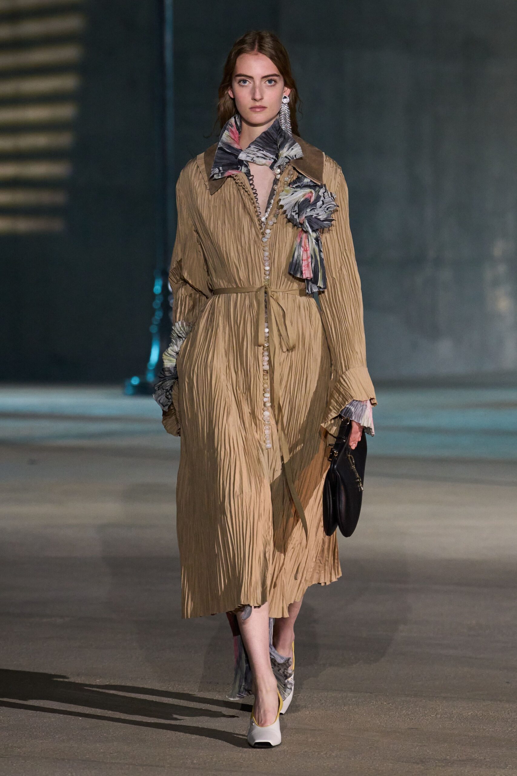 beige silk long-sleeve collared fitted pleated belted coat