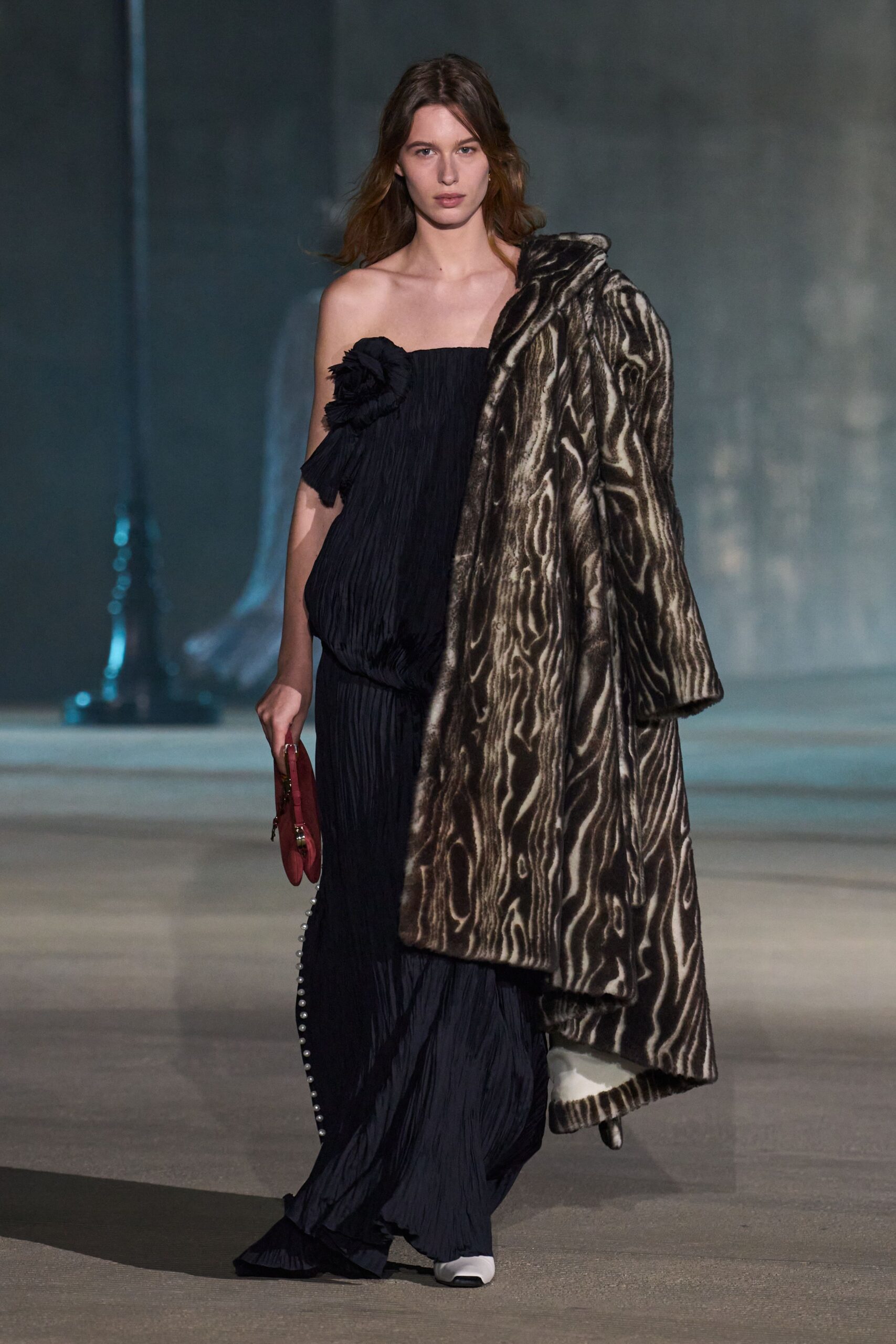 black silk sleeveless off-shoulder fitted pleated maxi gown