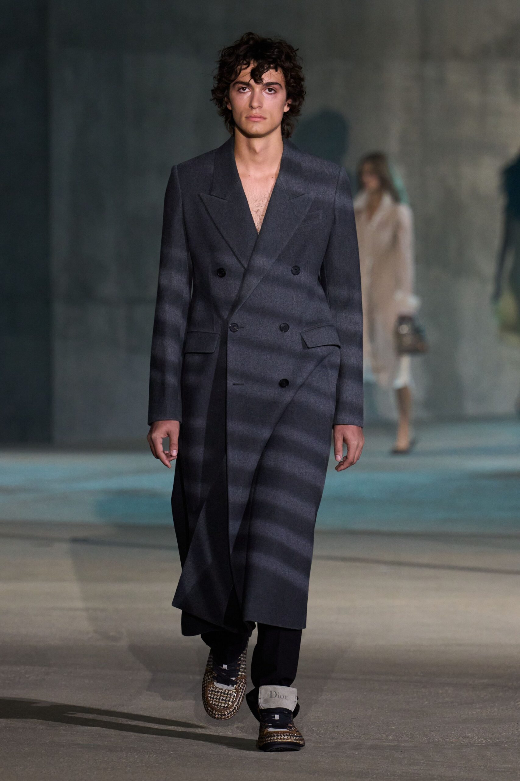 gray wool long-sleeve collared structured striped midi coat