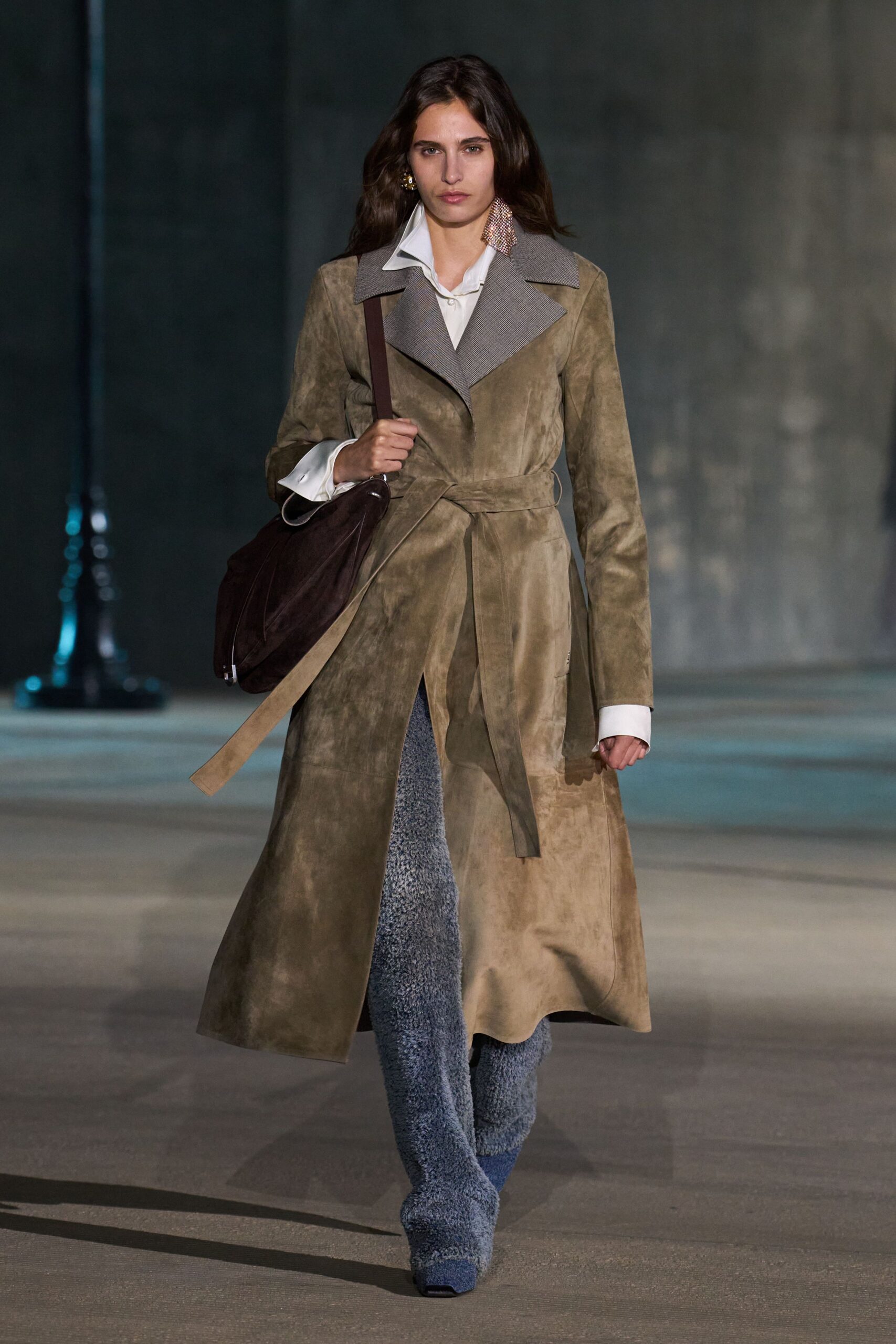 brown suede long-sleeve collared fitted belted coat
