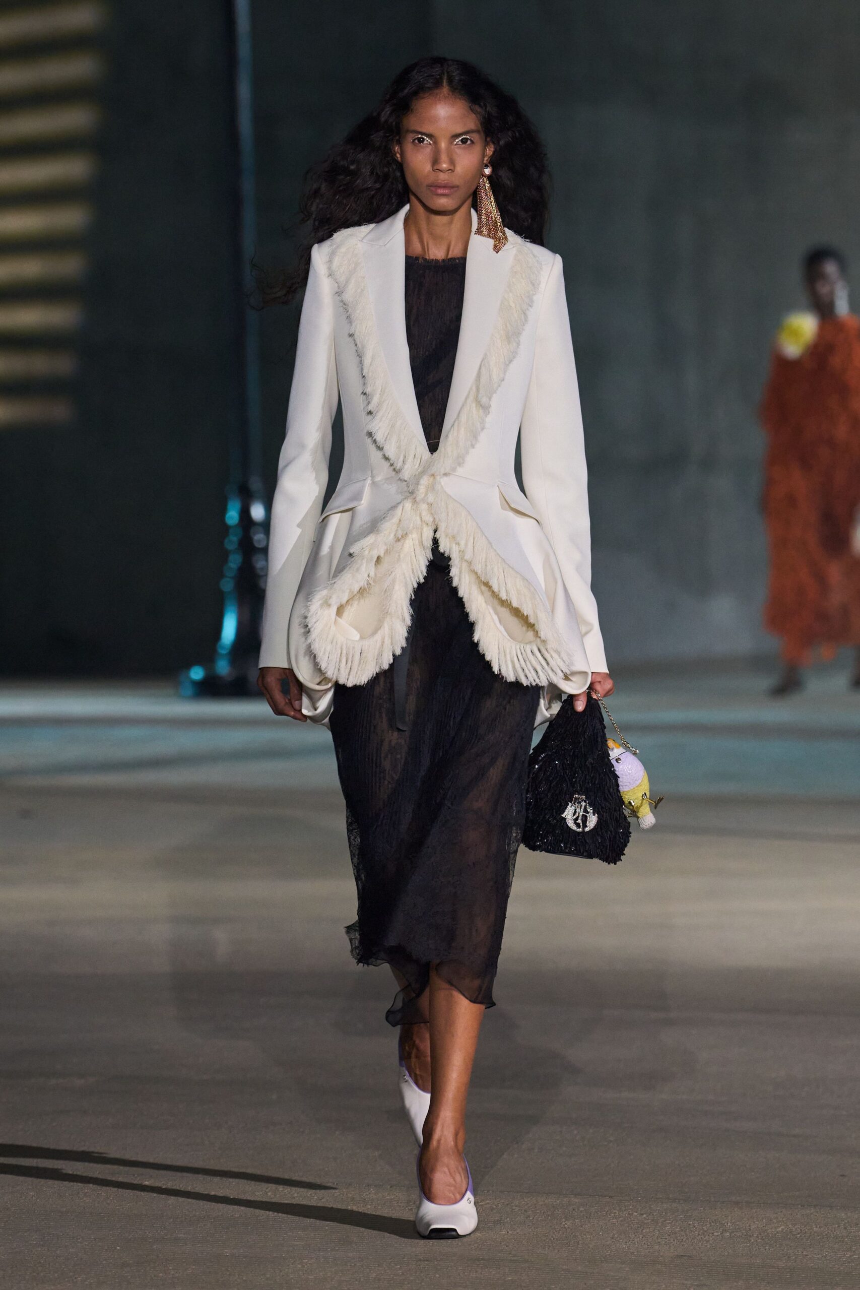 white cotton long-sleeve collared tailored fringed blazer