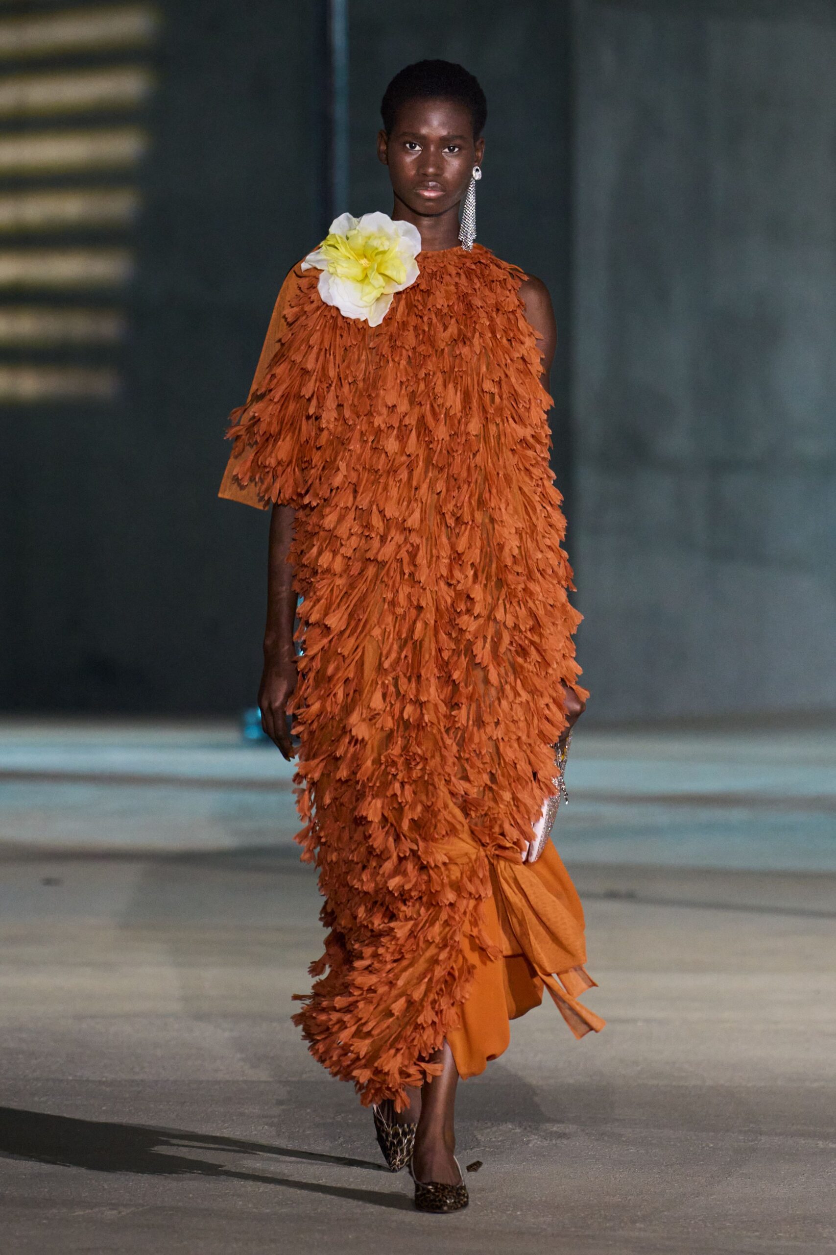 orange silk sleeveless asymmetric fitted fringed midi dress