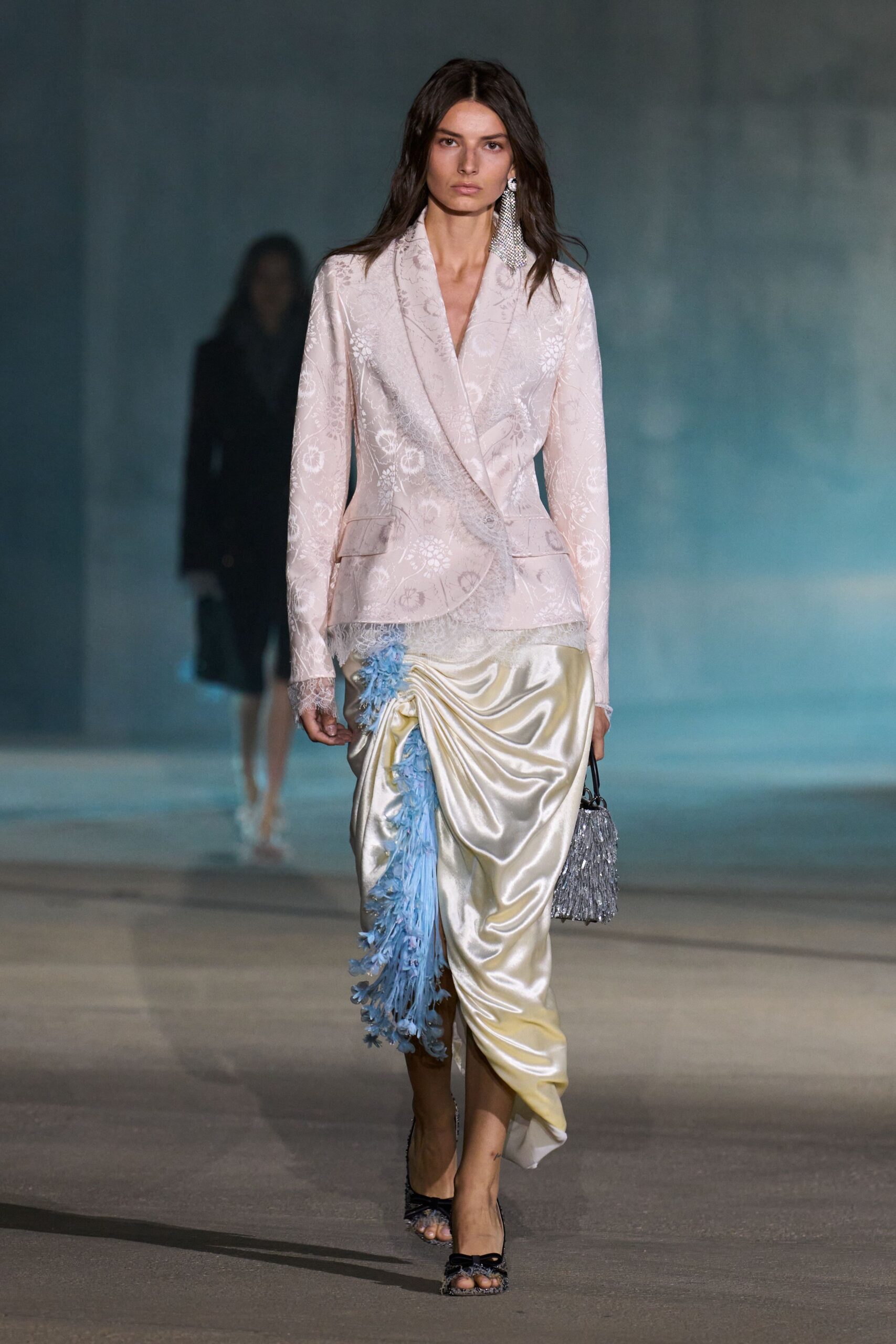 pink silk long-sleeve collared tailored embroidered blazer