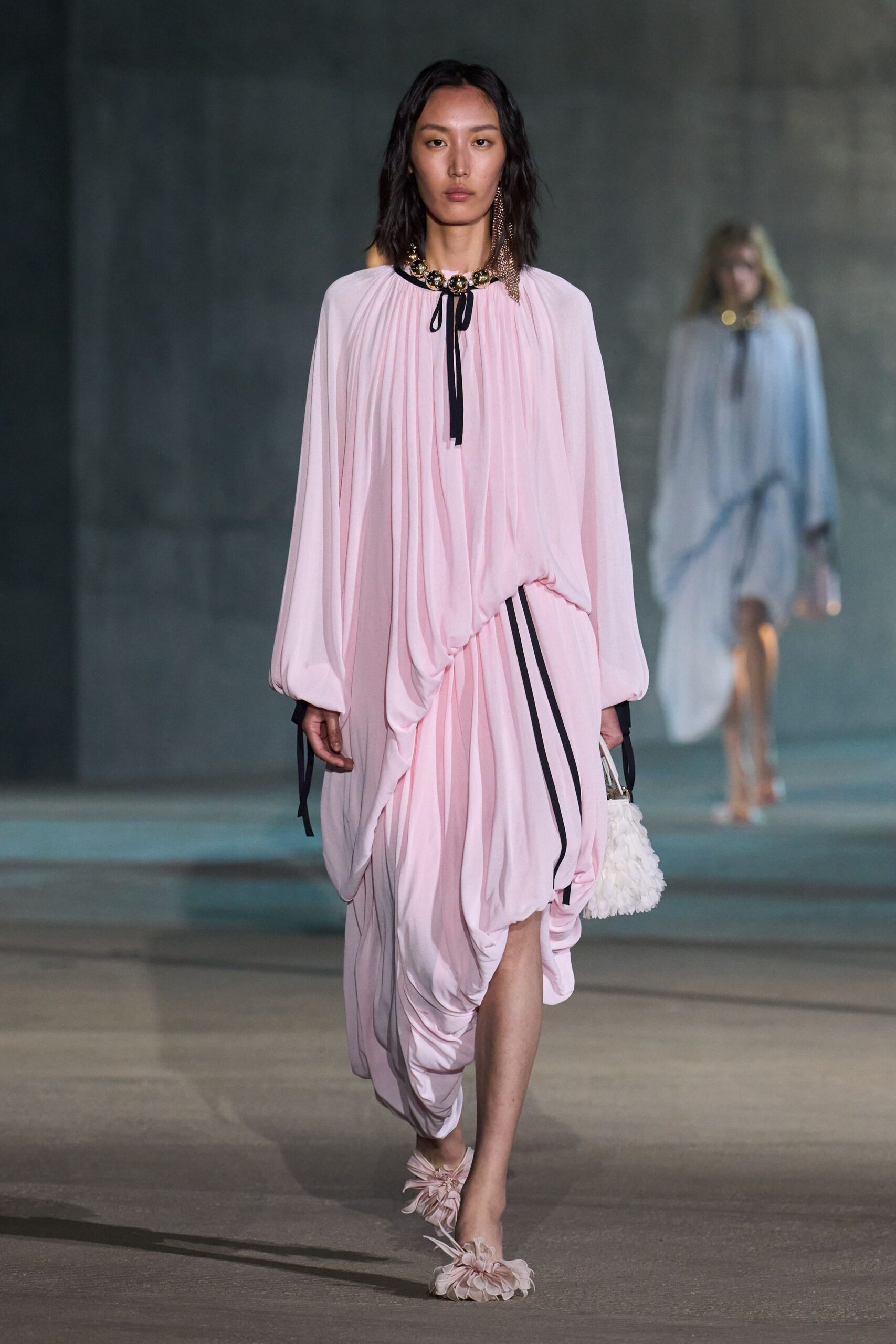 pink silk long-sleeve high-neck relaxed draped tiered dress