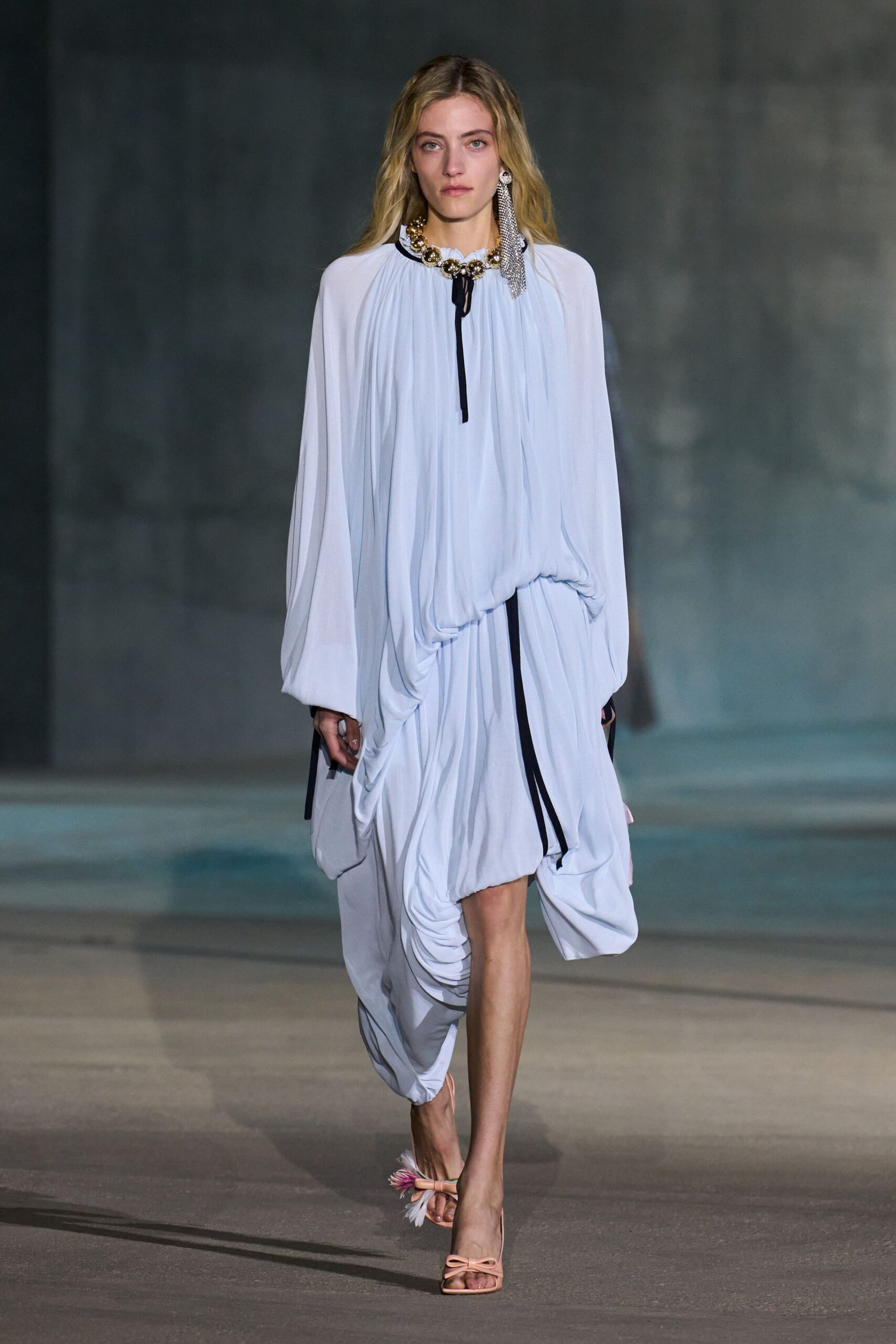 white silk long-sleeve high-neck relaxed draped flowing dress