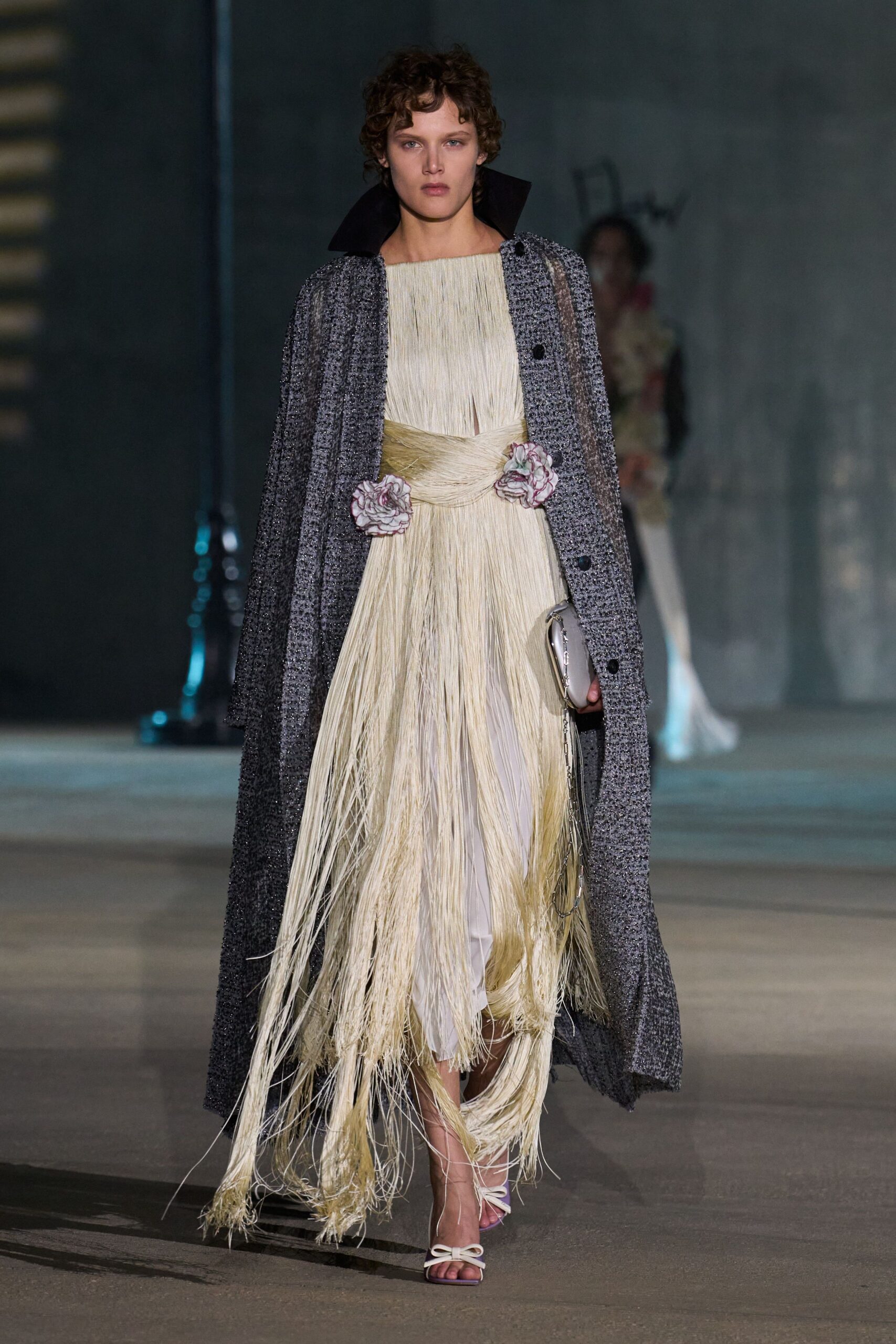 gray tweed long-sleeve collared relaxed buttoned maxi coat