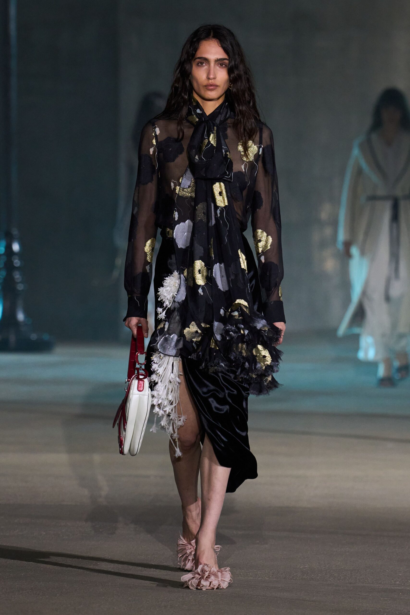 black silk long-sleeve collared fitted floral ruffled dress