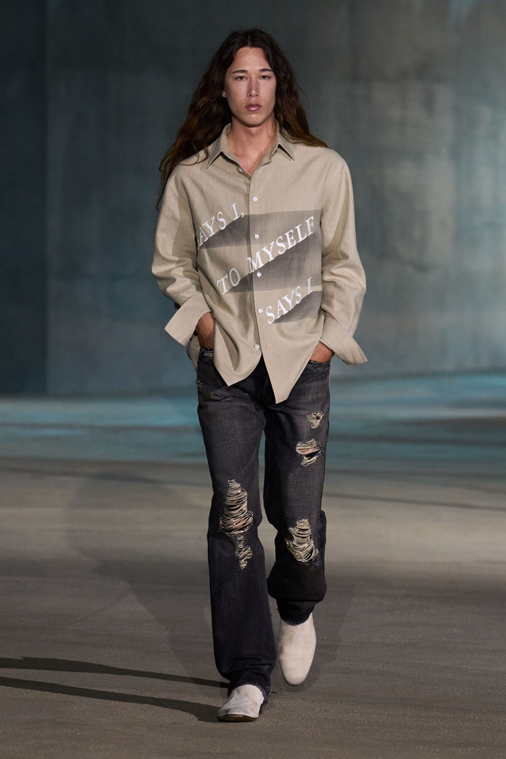 beige cotton long-sleeve collared relaxed buttoned shirt