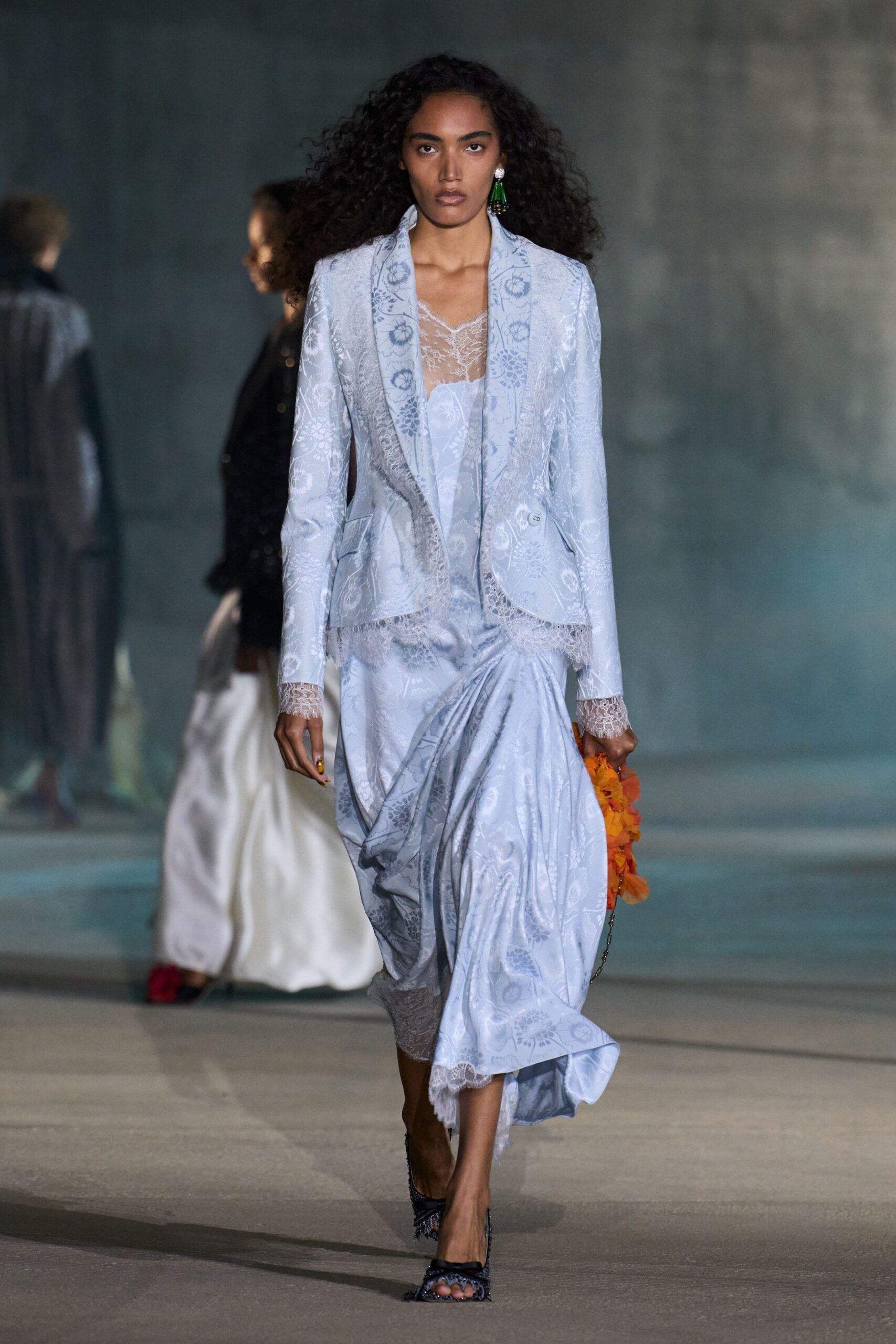 blue silk long-sleeve collared tailored embroidered blazer
