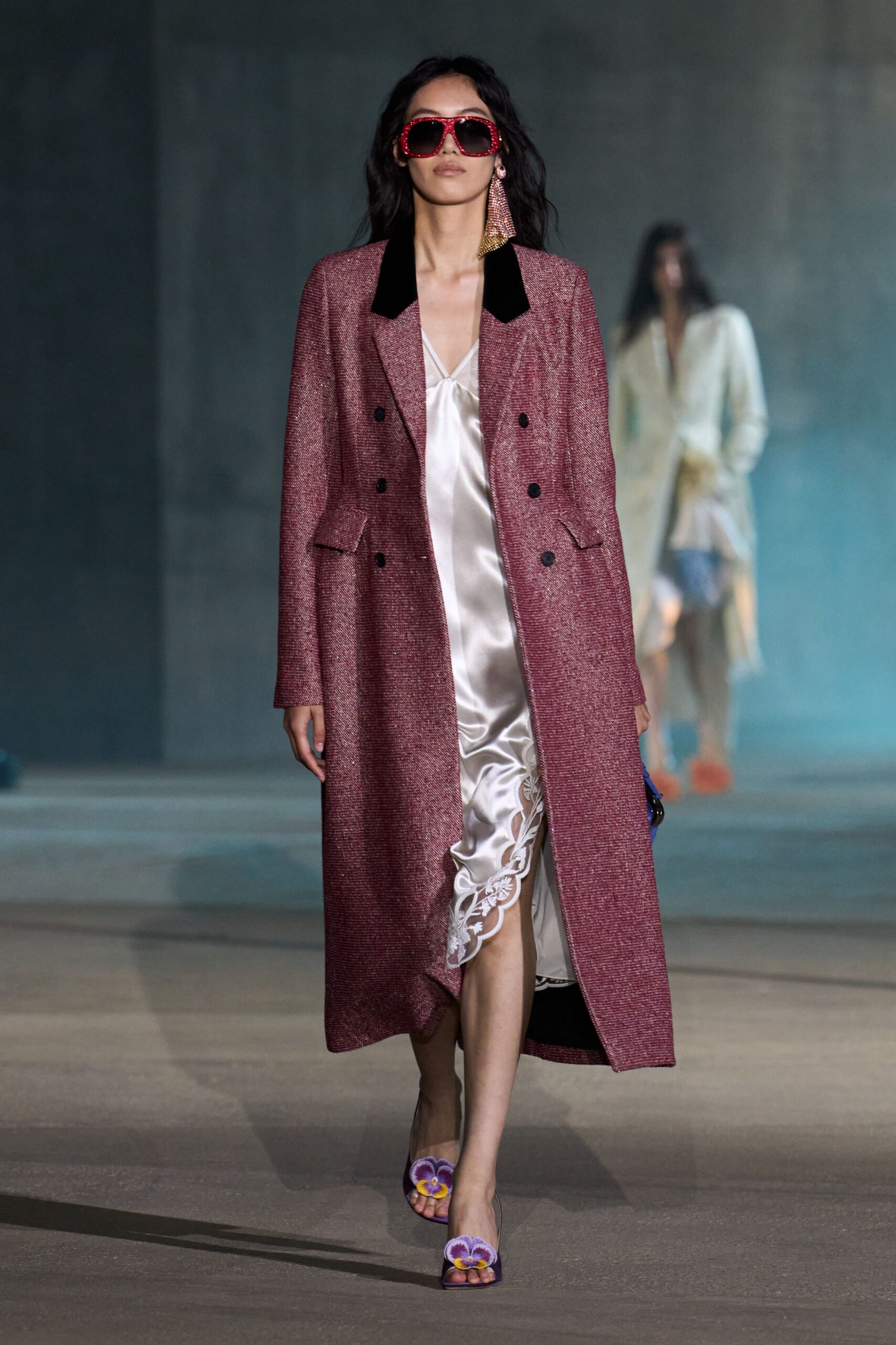 pink wool long-sleeve collared structured textured maxi coat