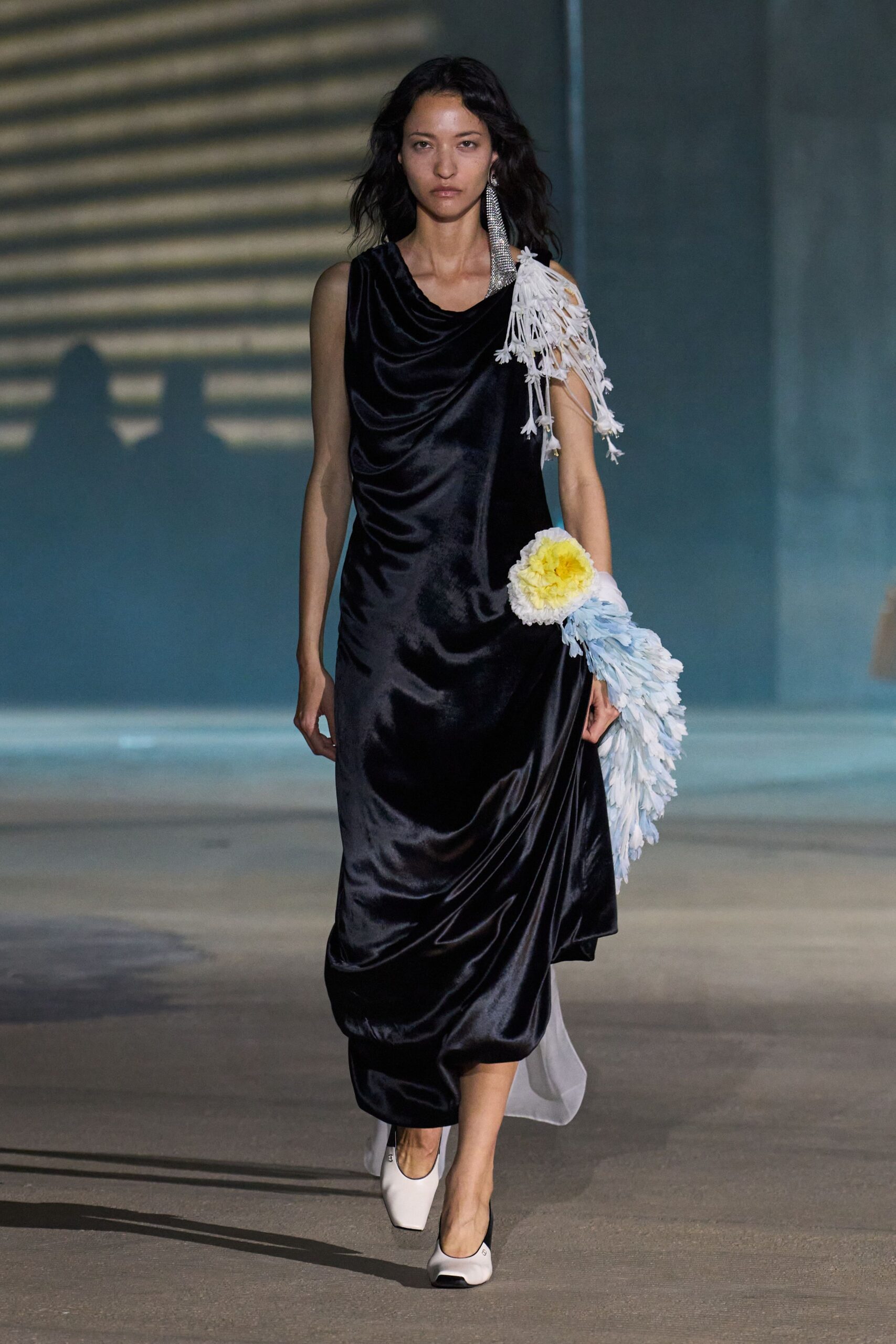 black silk sleeveless v-neck fitted draped flowing dress