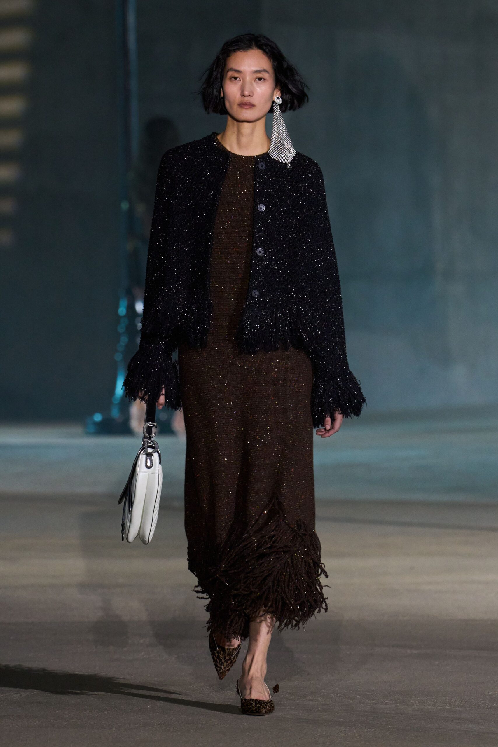 brown wool long-sleeve v-neck fitted fringed layered dress