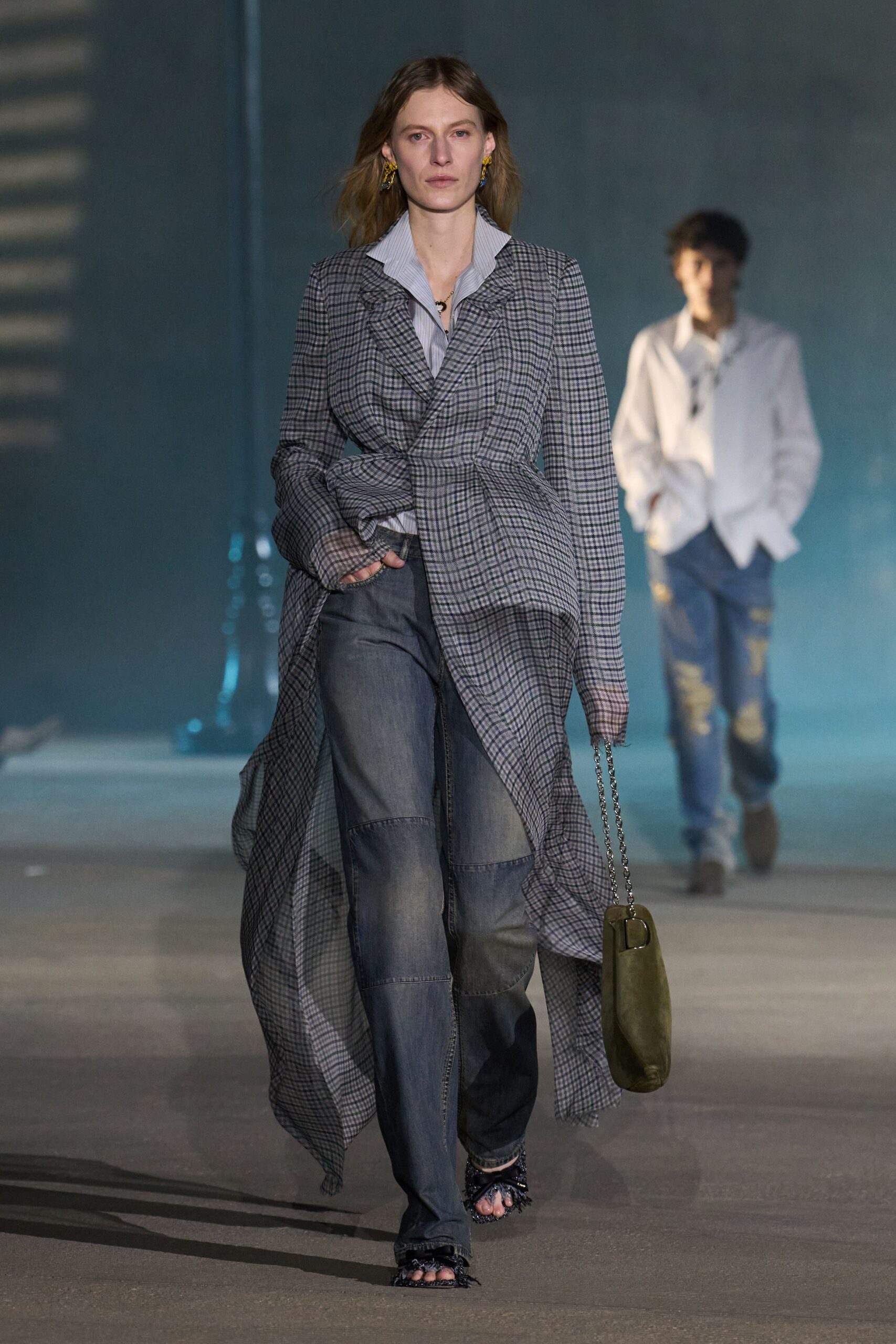 gray cotton long-sleeve collared relaxed checked draped coat