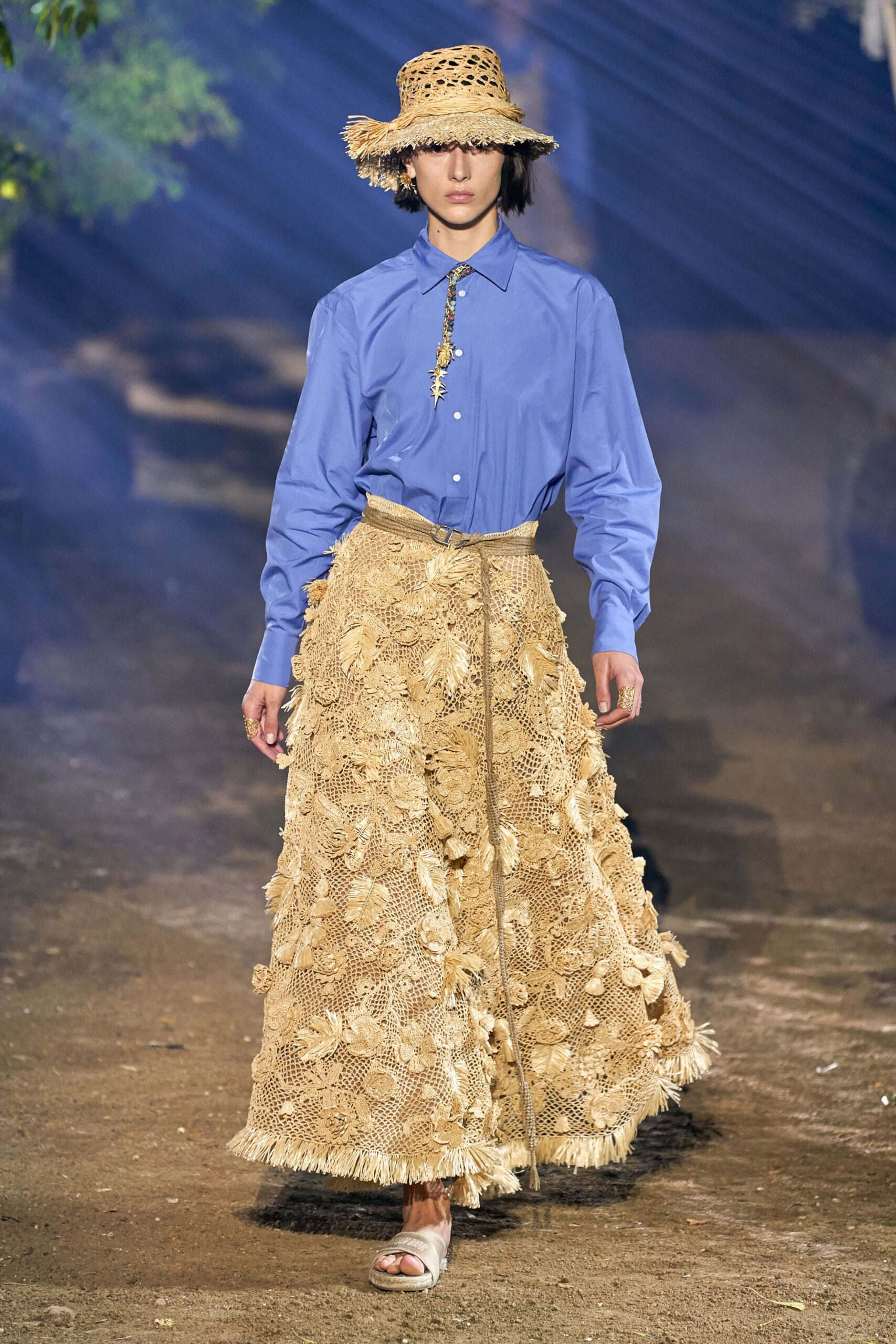 blue cotton shirt with beige skirt