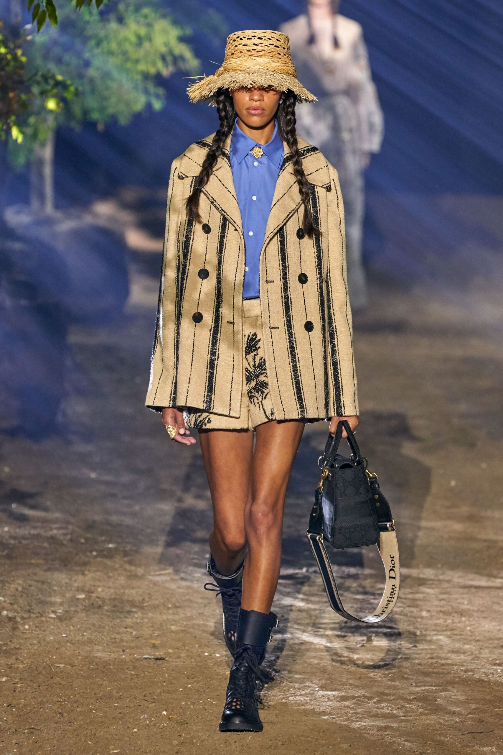beige striped jacket with blue shirt