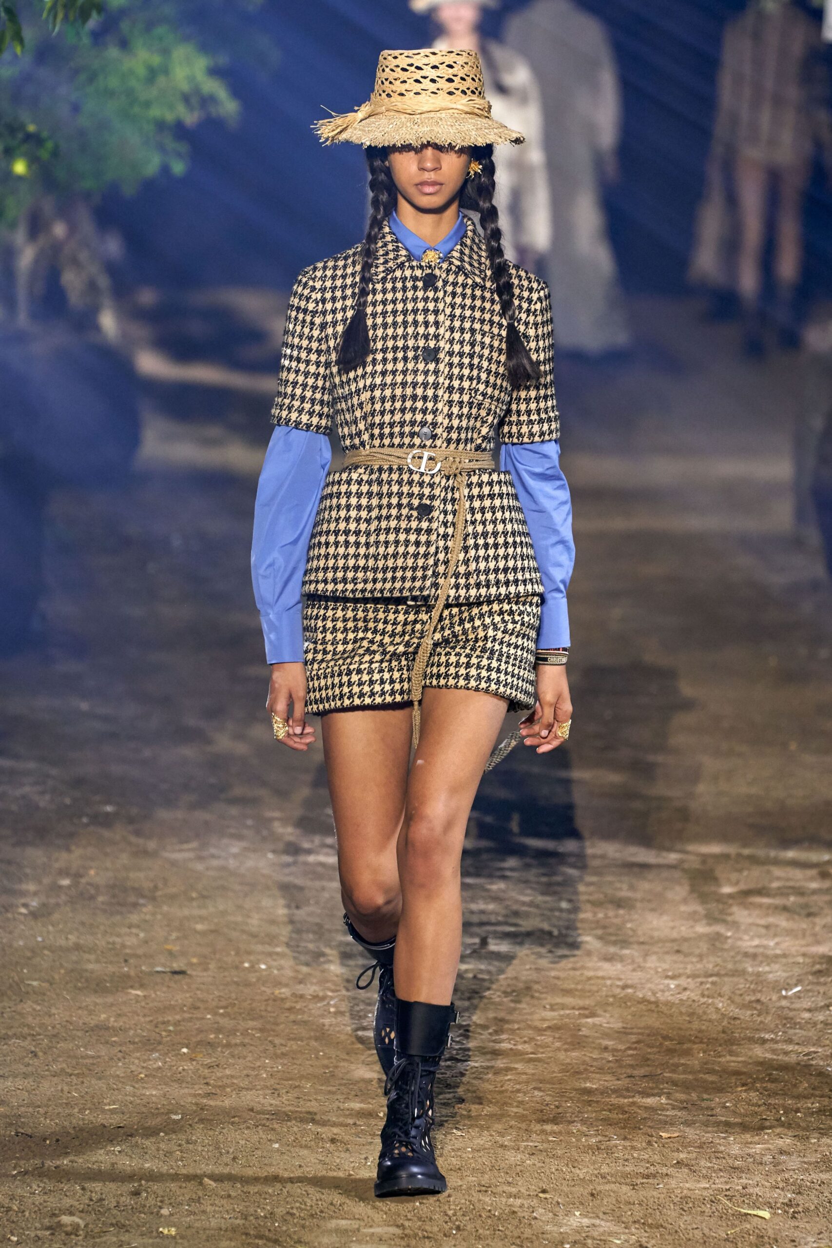 beige and blue checked mini-dress with boots