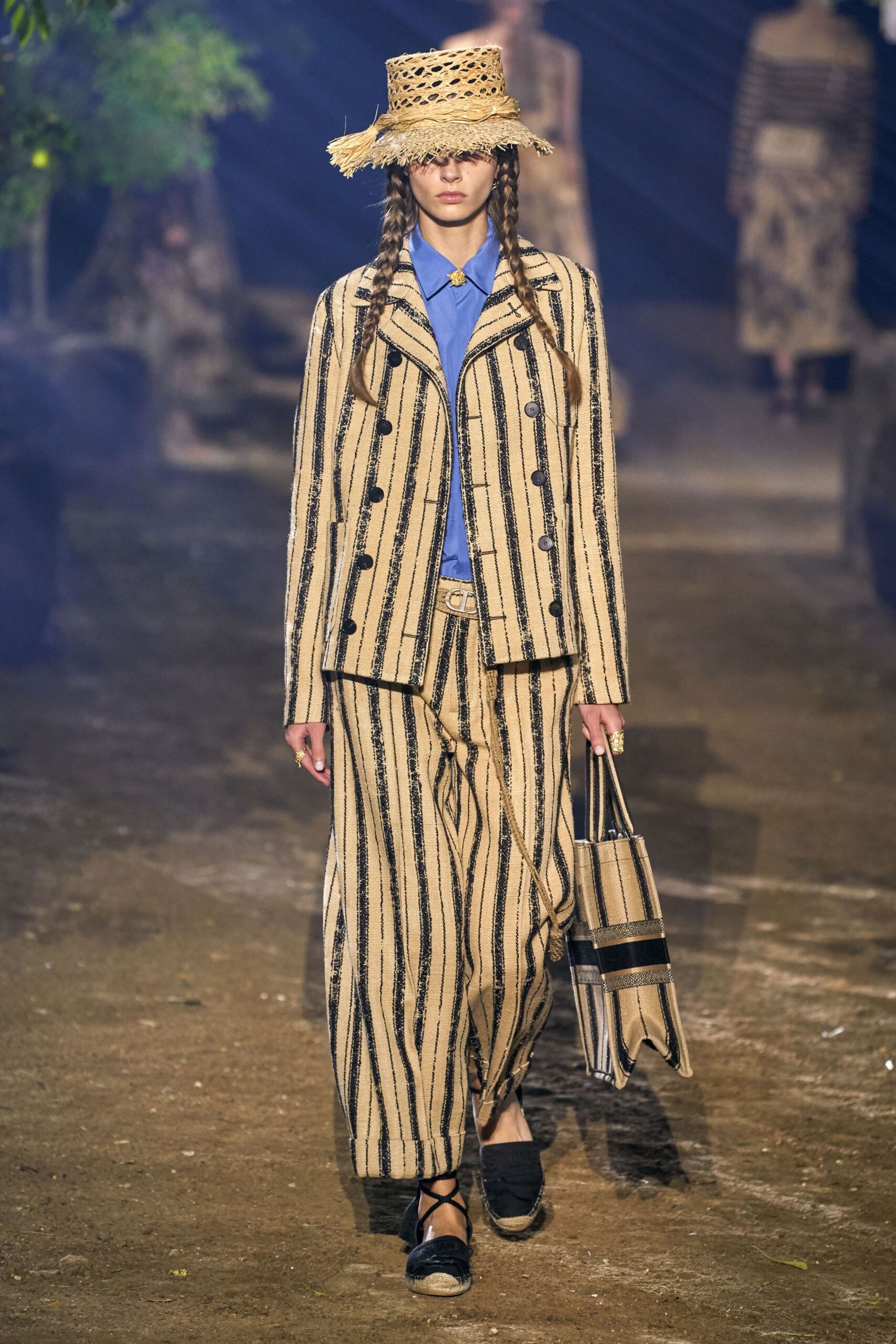 beige striped blazer with blue shirt