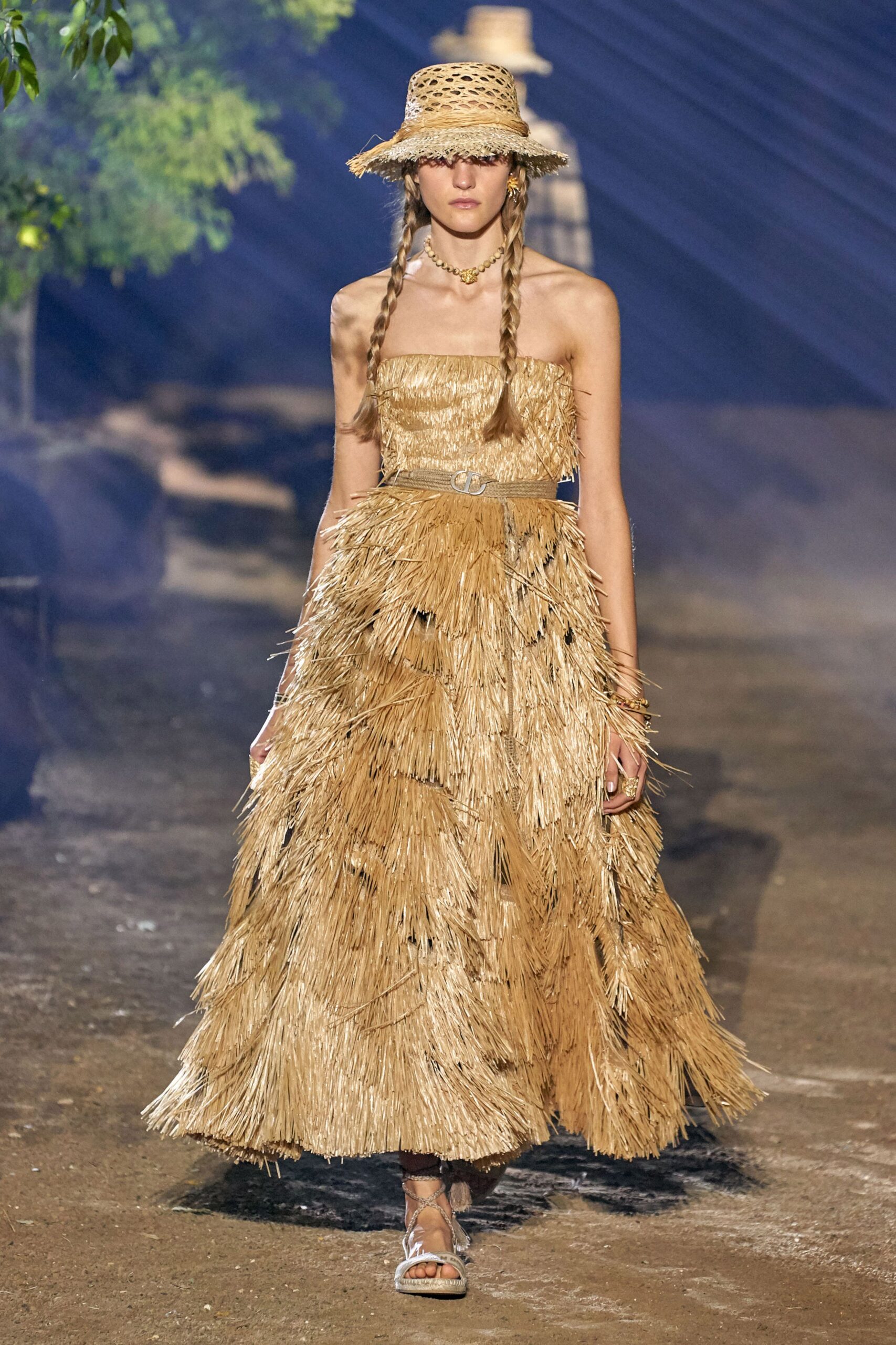 beige fringed strapless maxi dress
